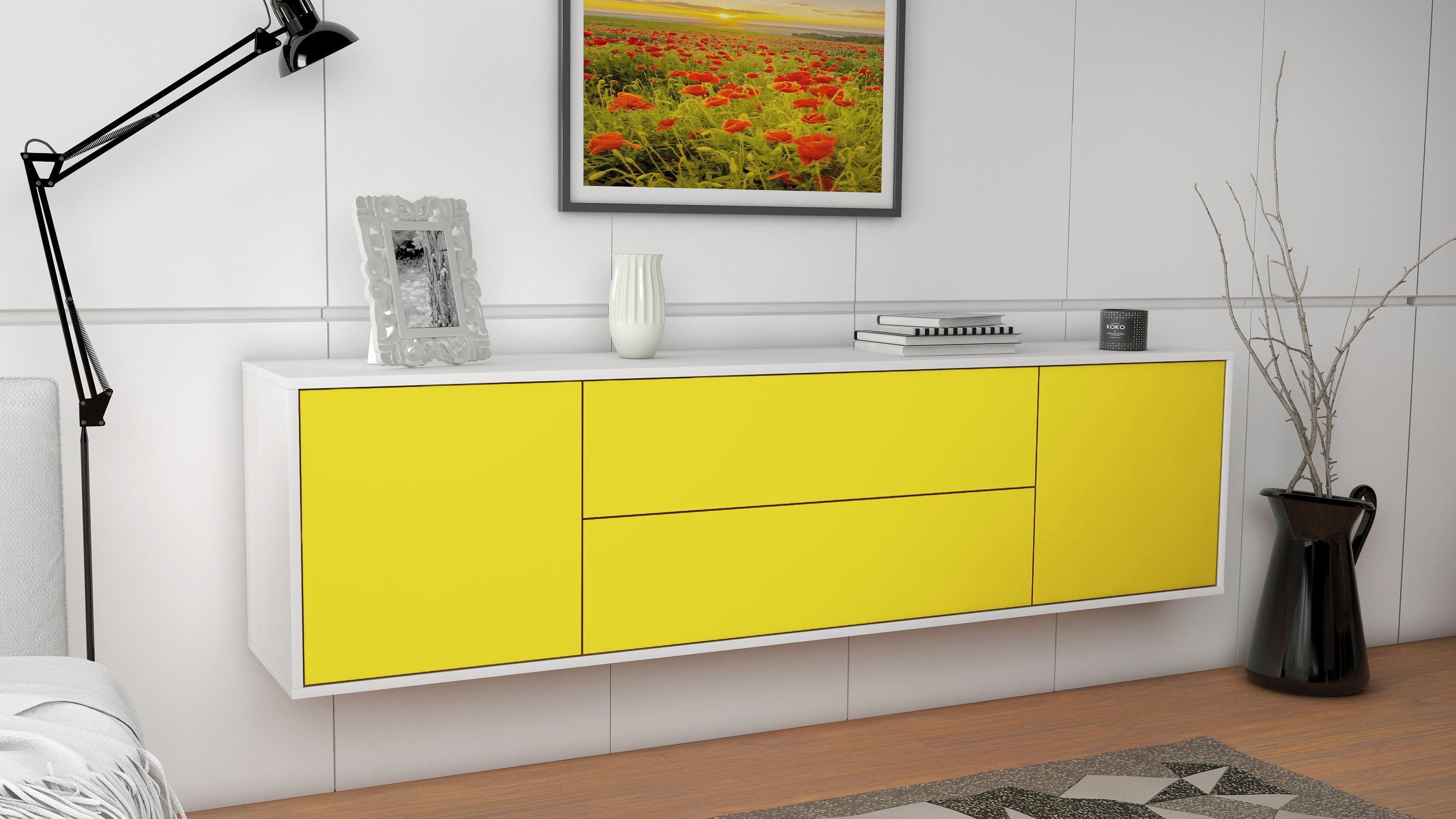 Lowboard - Aquilina - Design Farbakzent - Wandmontage mit Push to Open 180 cm Weiss