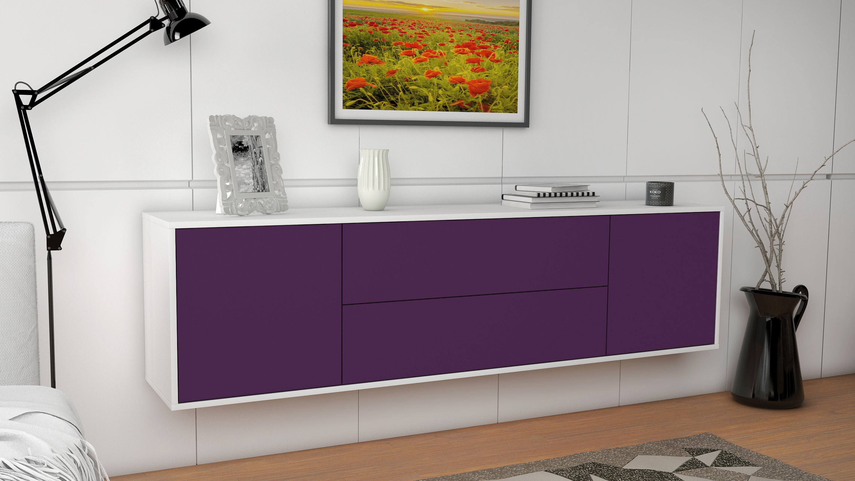 Lowboard - Aquilina - Design Farbakzent - Wandmontage mit Push to Open 180 cm Weiss