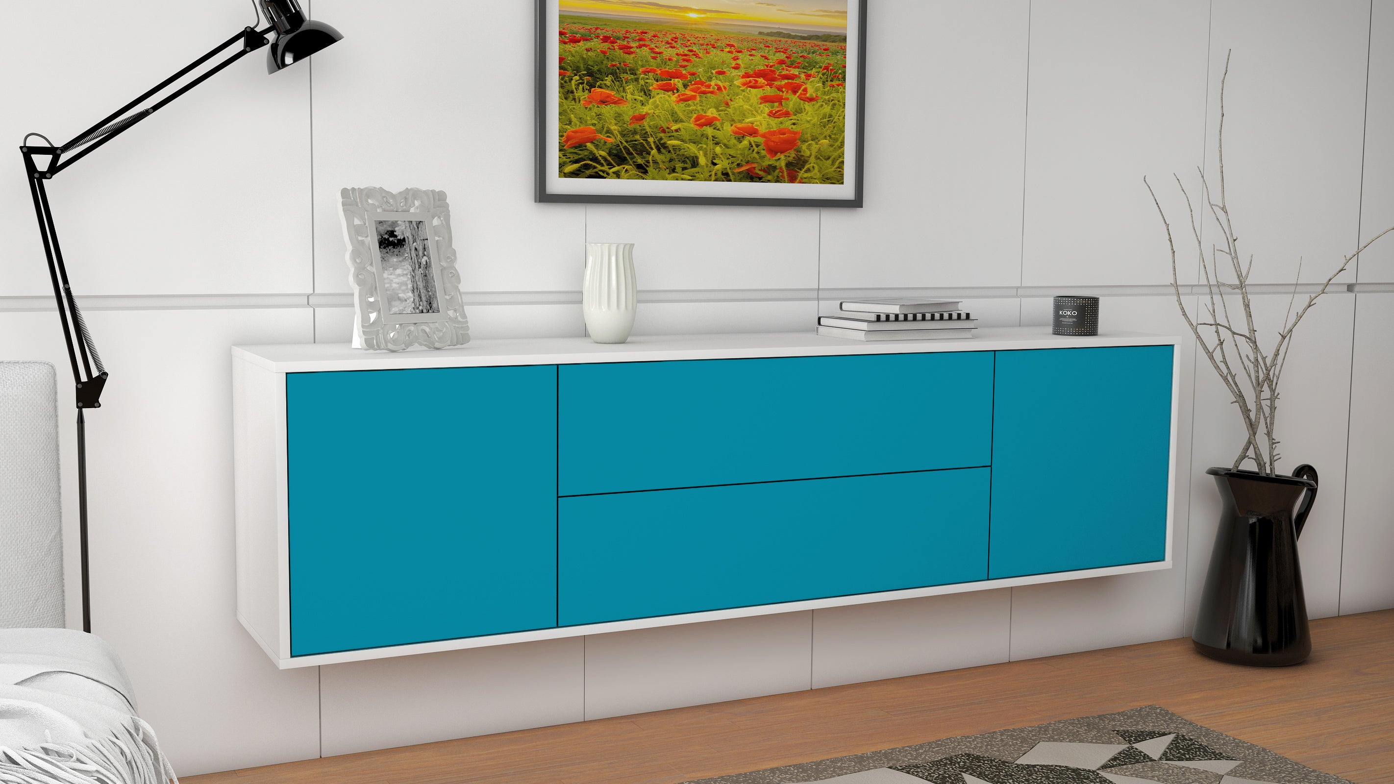 Lowboard - Aquilina - Design Farbakzent - Wandmontage mit Push to Open 180 cm Weiss