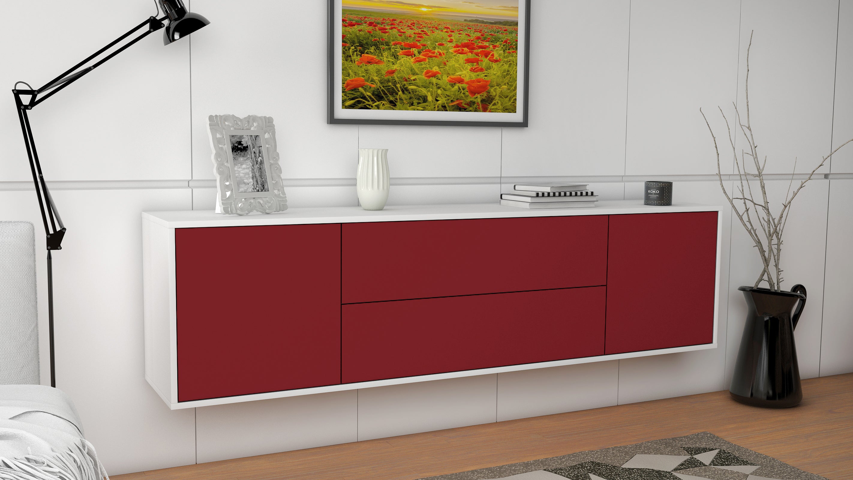 Lowboard - Aquilina - Design Farbakzent - Wandmontage mit Push to Open 180 cm Weiss