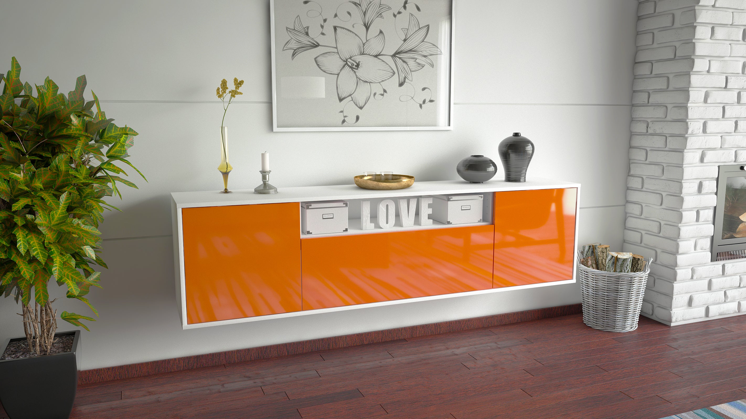 Lowboard - Ariana - Design Hochglanz - Wandmontage mit Push to Open 180 cm Weiss