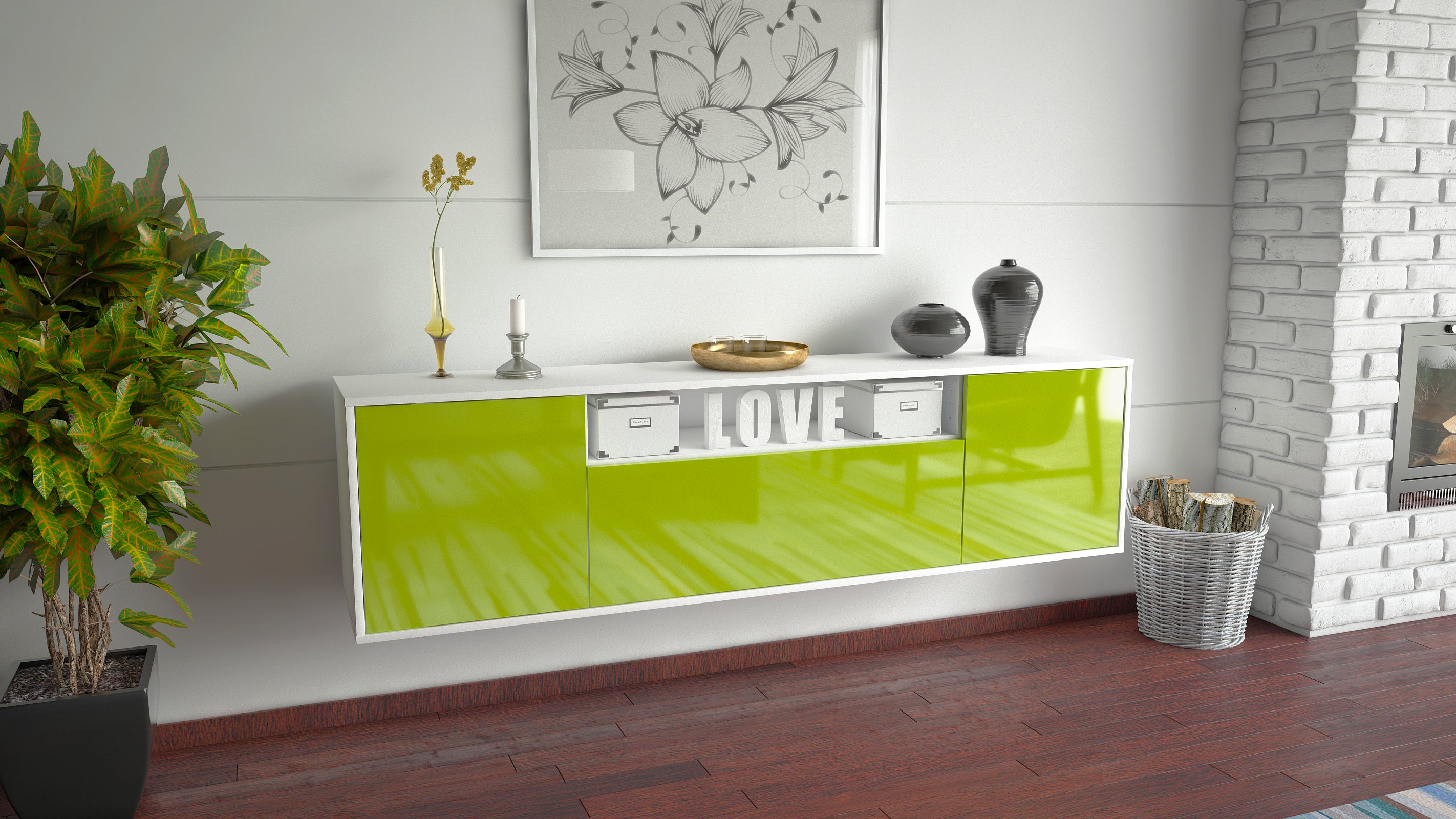 Lowboard - Ariana - Design Hochglanz - Wandmontage mit Push to Open 180 cm Weiss