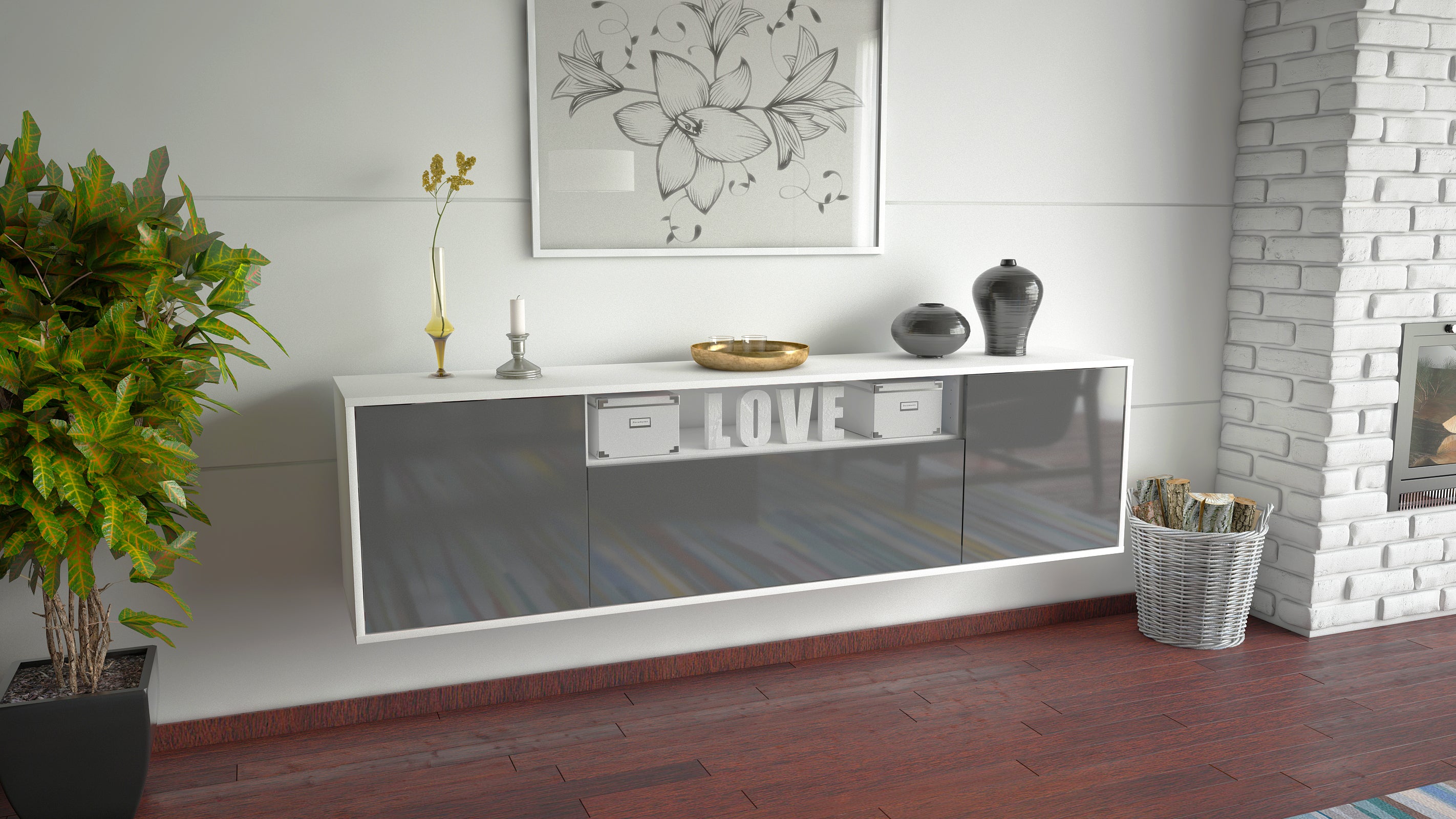 Lowboard - Ariana - Design Hochglanz - Wandmontage mit Push to Open 180 cm Weiss