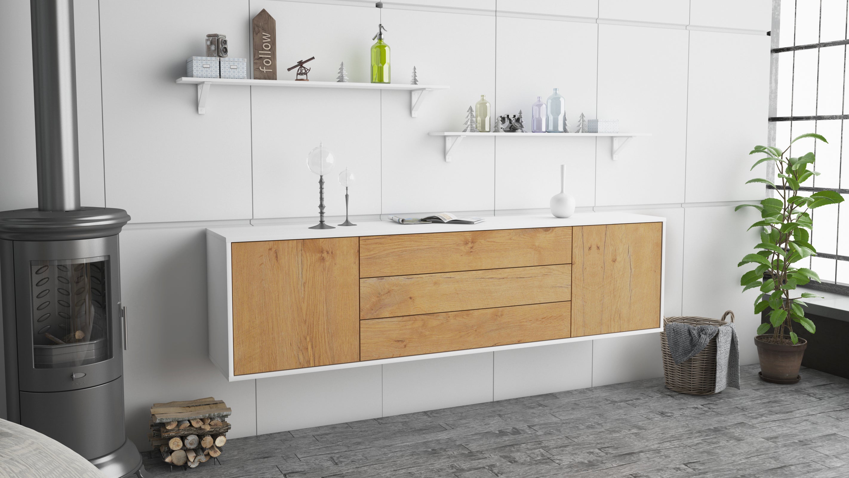Lowboard - Ariella - Design Holzdekor - Wandmontage mit Push to Open 180 cm Weiss