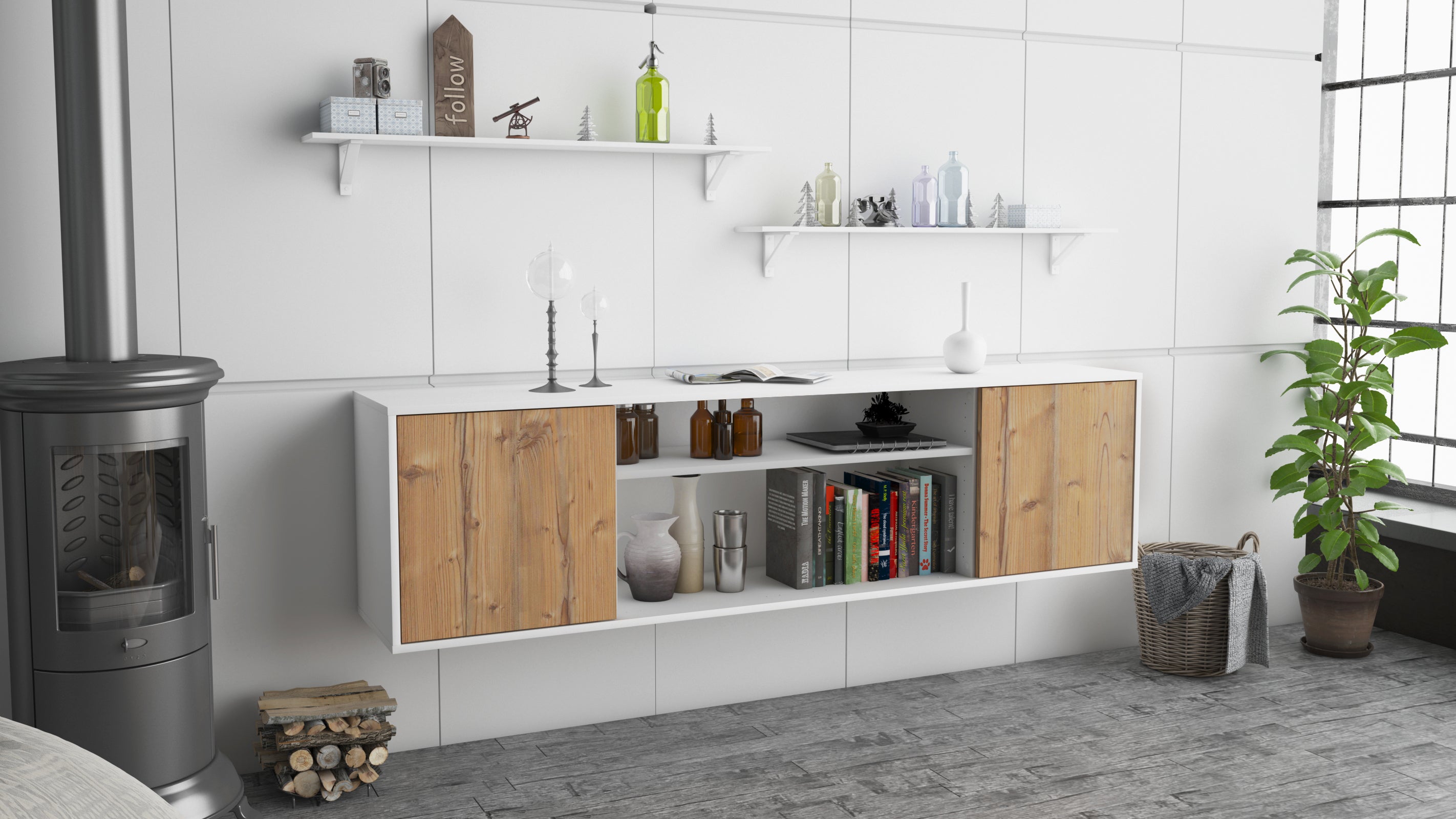 Lowboard - Asia - Design Holzdekor - Wandmontage mit Push to Open 180 cm Weiss