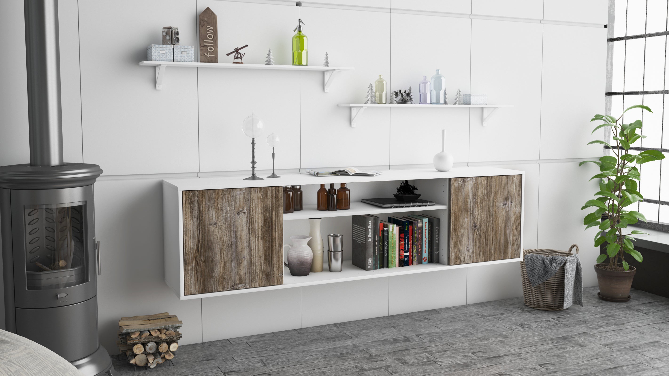 Lowboard - Asia - Design Holzdekor - Wandmontage mit Push to Open 180 cm Weiss