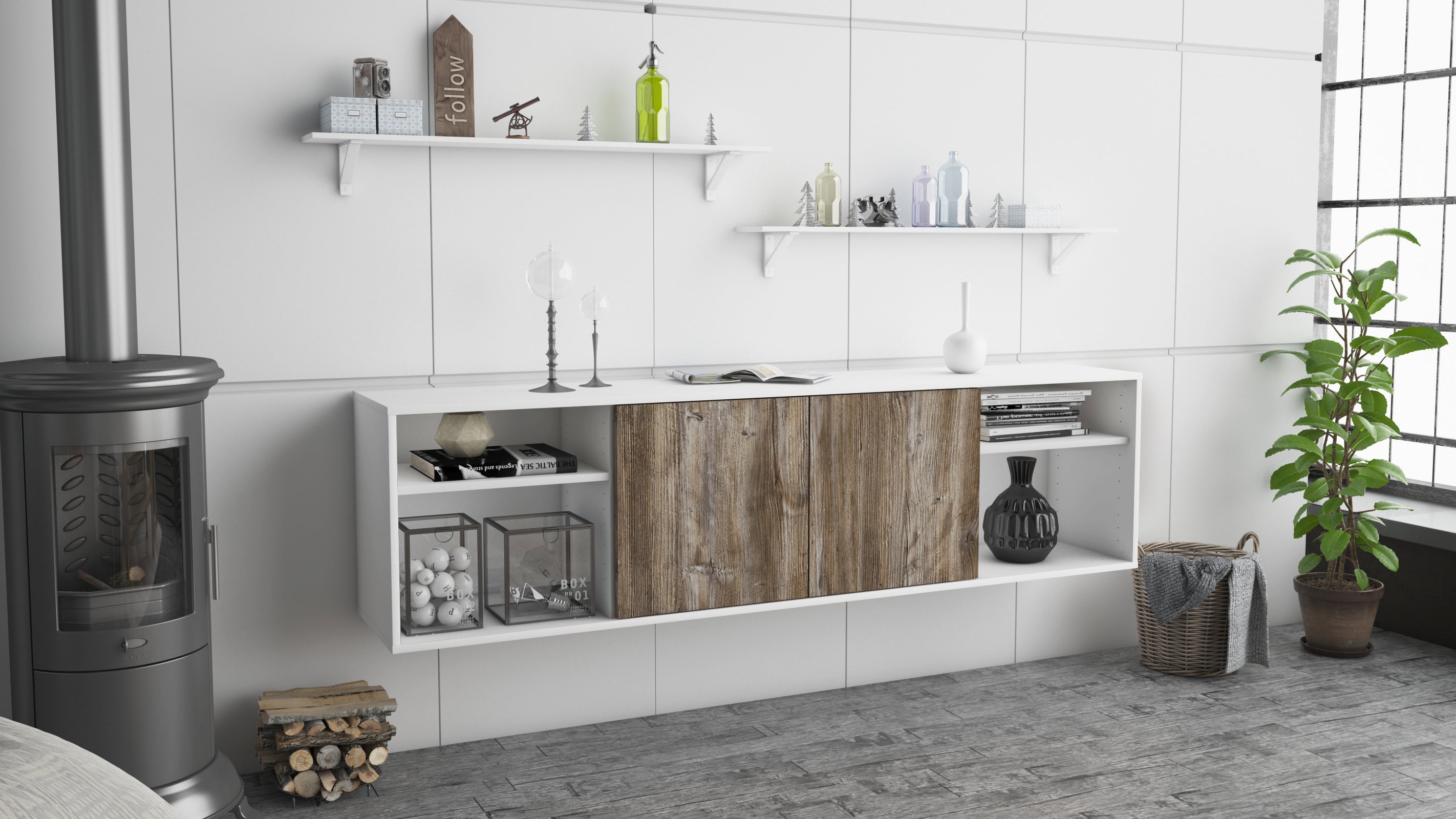 Lowboard - Asimo - Design Holzdekor - Wandmontage mit Push to Open 180 cm Weiss