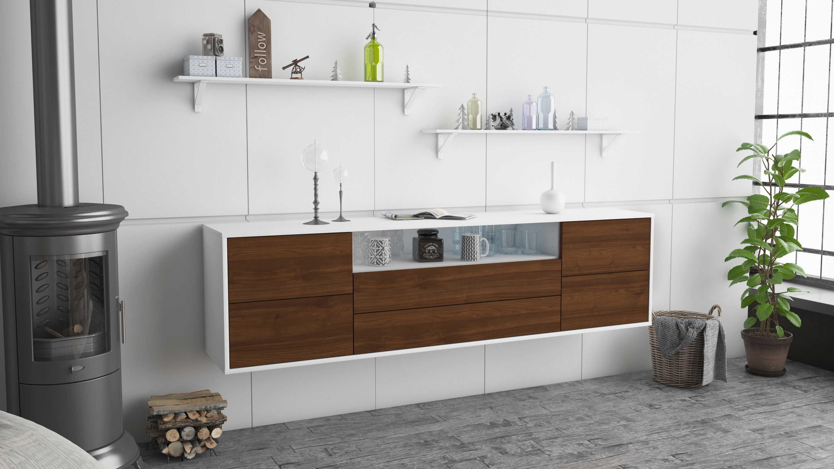 Lowboard - Aurora - Design Holzdekor - Wandmontage mit Push to Open 180 cm Weiss