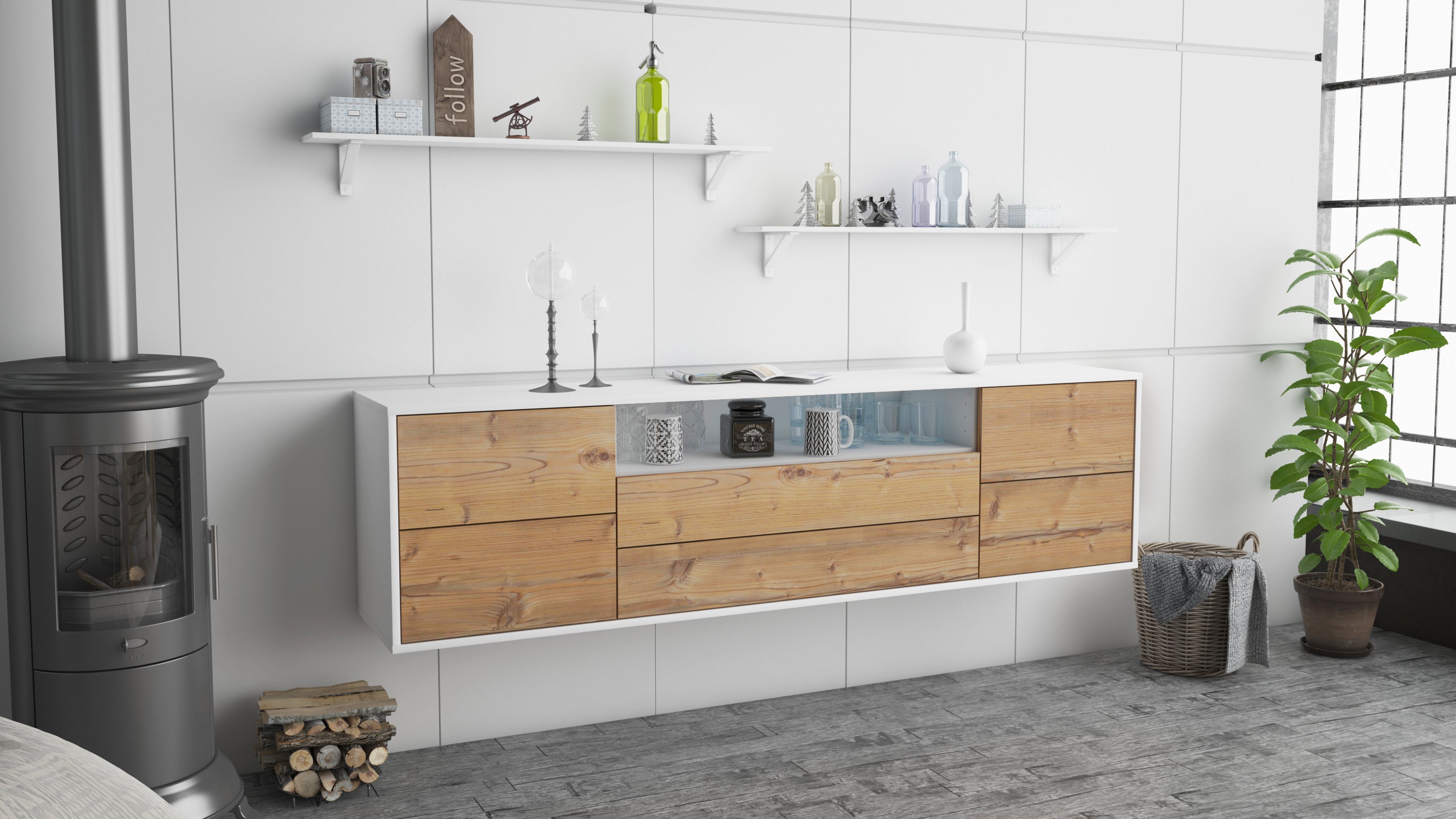 Lowboard - Aurora - Design Holzdekor - Wandmontage mit Push to Open 180 cm Weiss