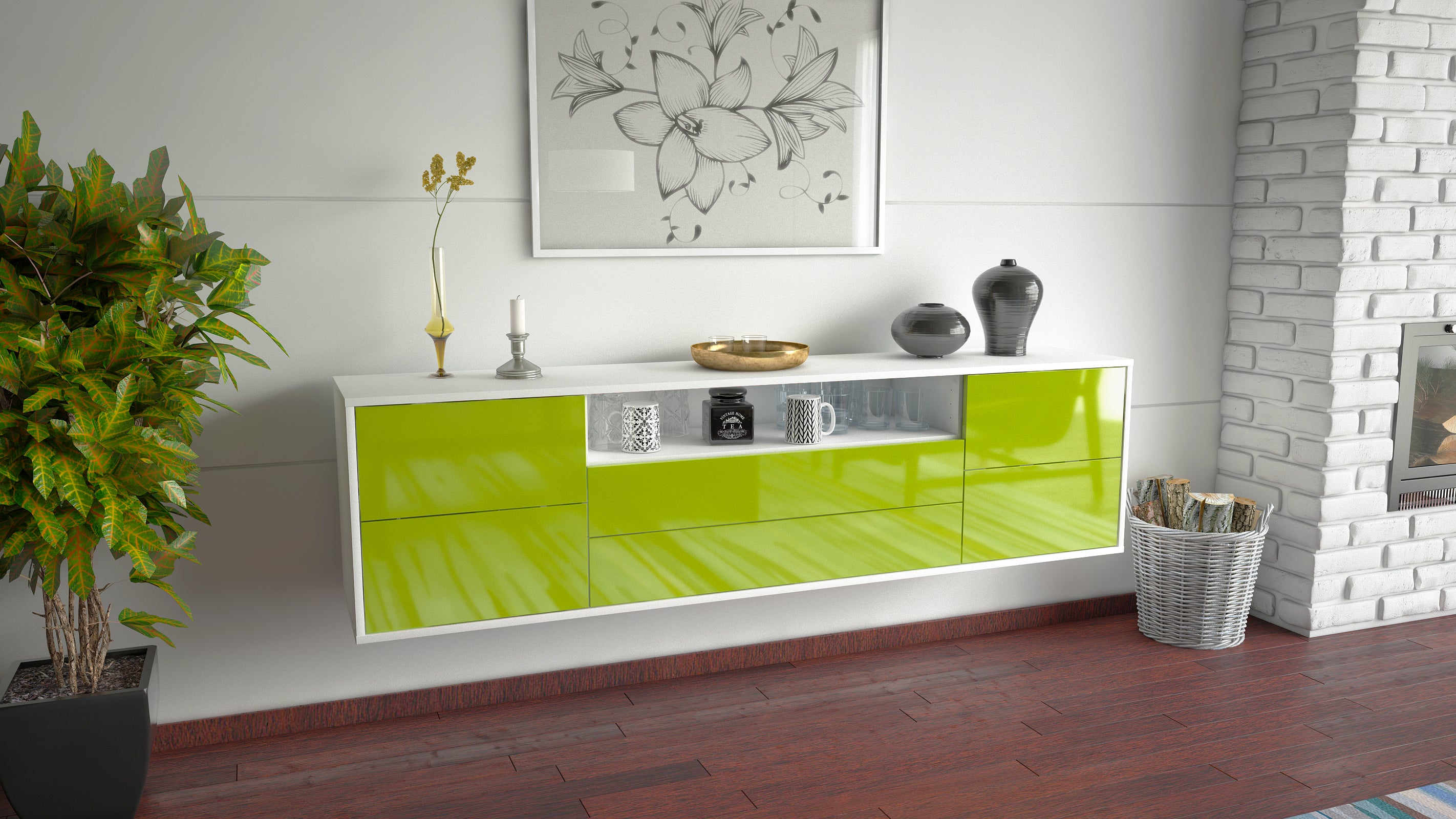 Lowboard - Aurora - Design Hochglanz - Wandmontage mit Push to Open 180 cm Weiss