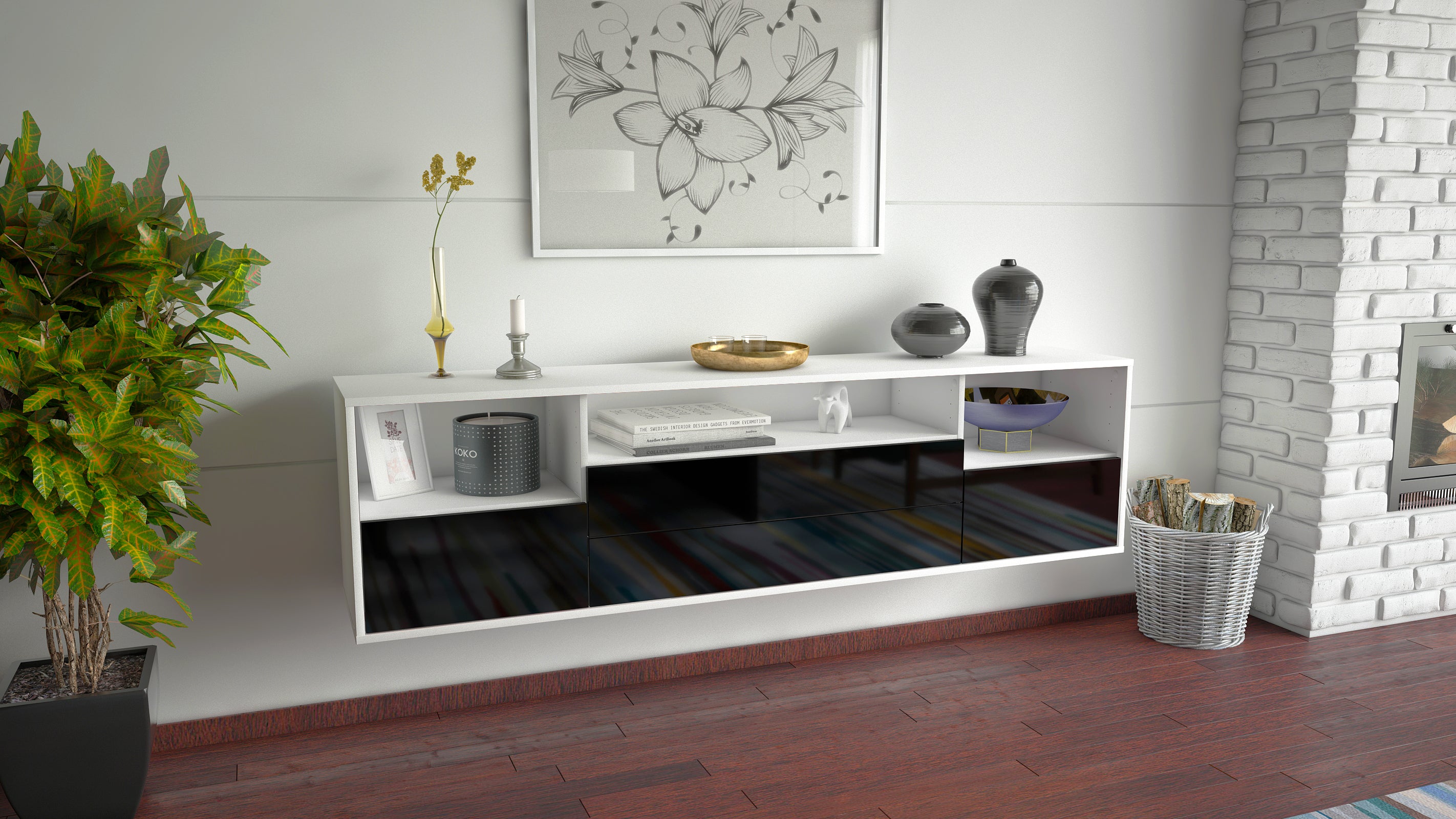 Lowboard - Azula - Design Hochglanz - Wandmontage mit Push to Open 180 cm Weiss