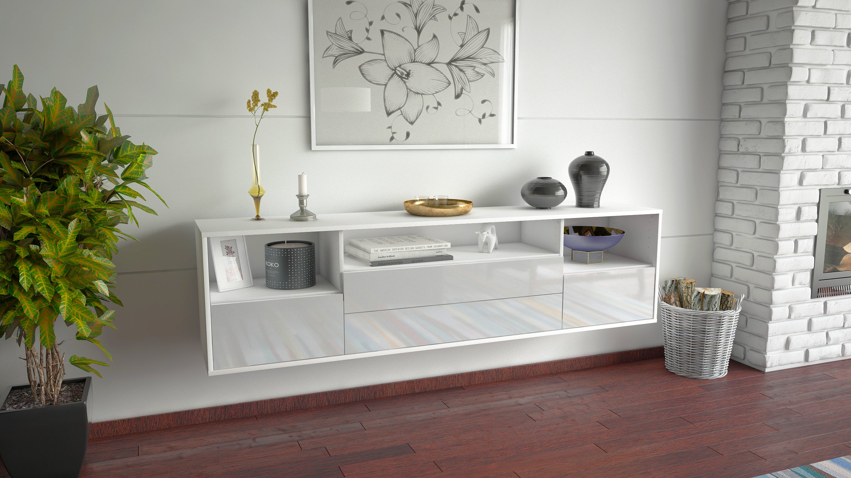 Lowboard - Azula - Design Hochglanz - Wandmontage mit Push to Open 180 cm Weiss