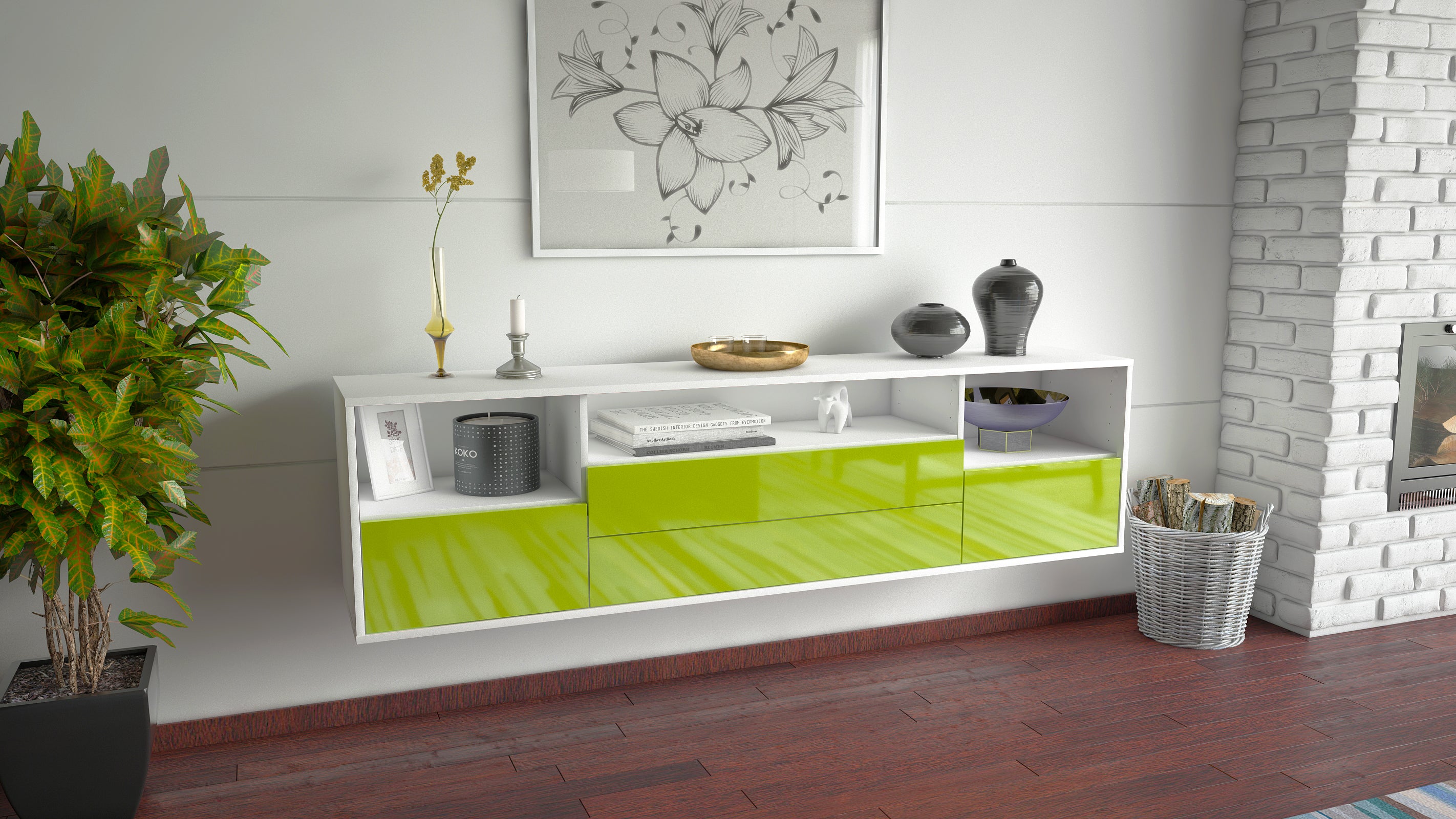 Lowboard - Azula - Design Hochglanz - Wandmontage mit Push to Open 180 cm Weiss