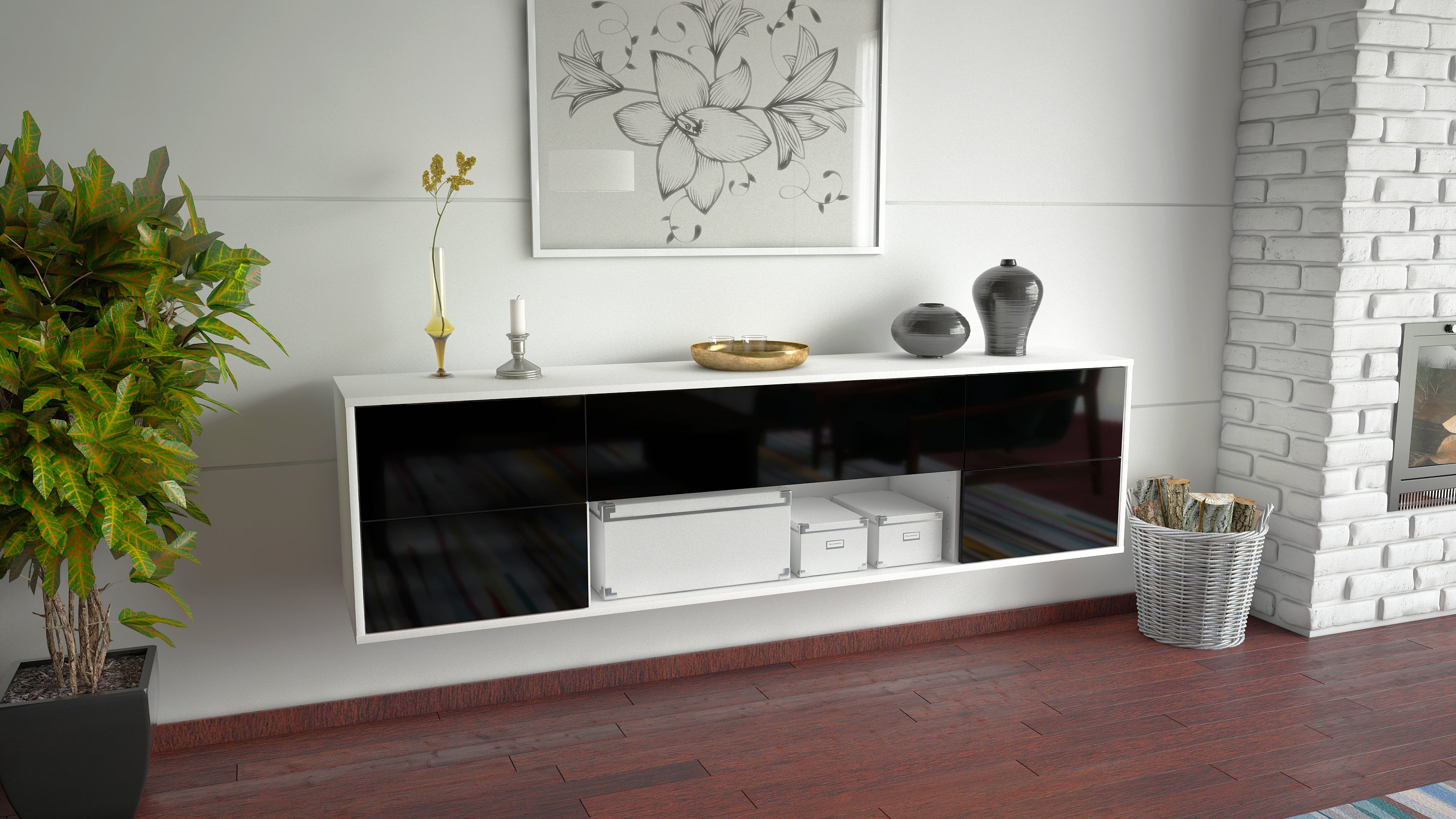 Lowboard - Babetta - Design Hochglanz - Wandmontage mit Push to Open 180 cm Weiss