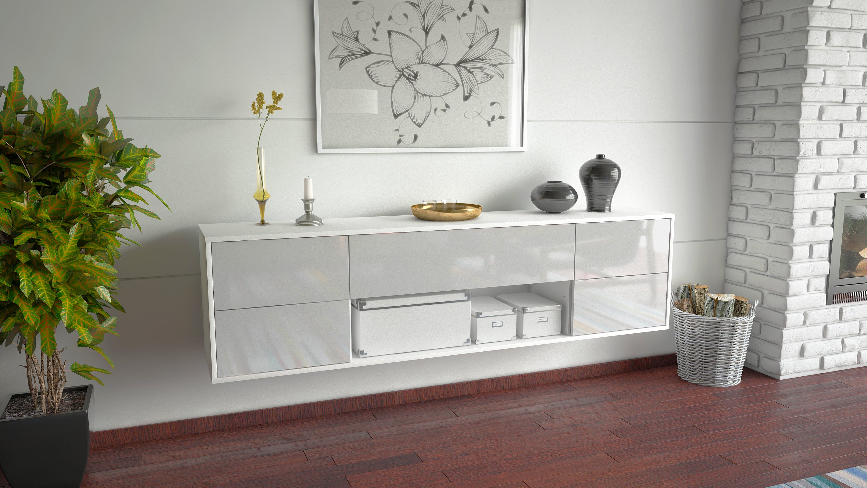 Lowboard - Babetta - Design Hochglanz - Wandmontage mit Push to Open 180 cm Weiss