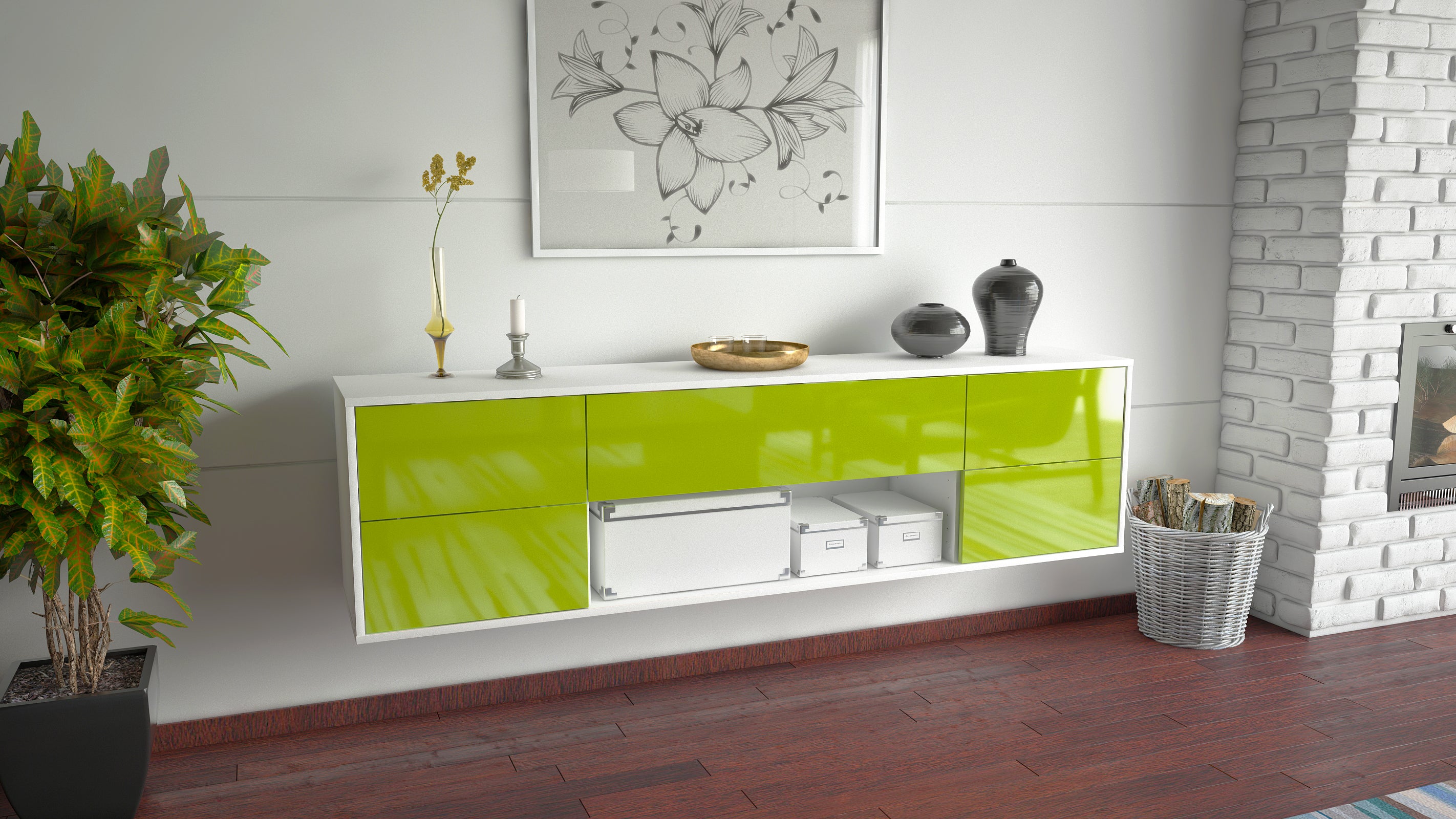 Lowboard - Babetta - Design Hochglanz - Wandmontage mit Push to Open 180 cm Weiss