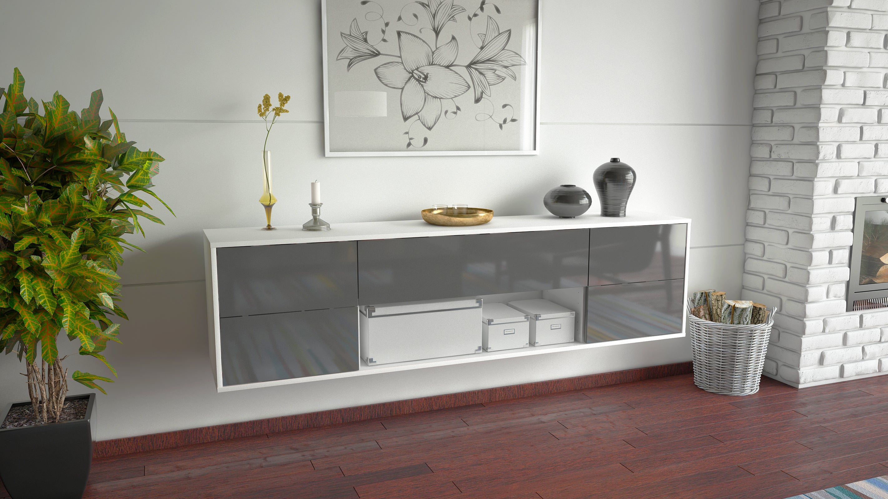 Lowboard - Babetta - Design Hochglanz - Wandmontage mit Push to Open 180 cm Weiss