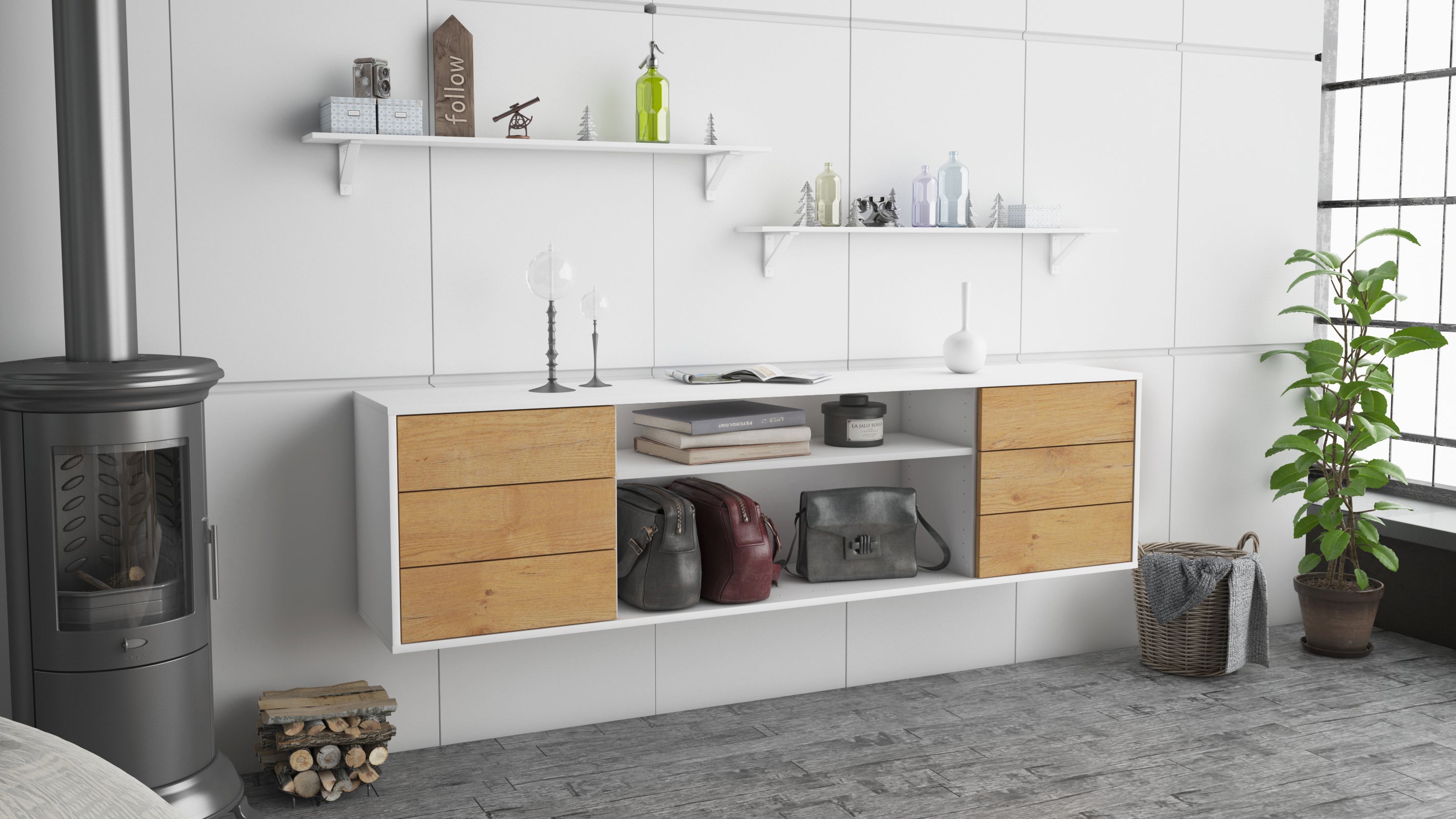 Lowboard - Belinda - Design Holzdekor - Wandmontage mit Push to Open 180 cm Weiss