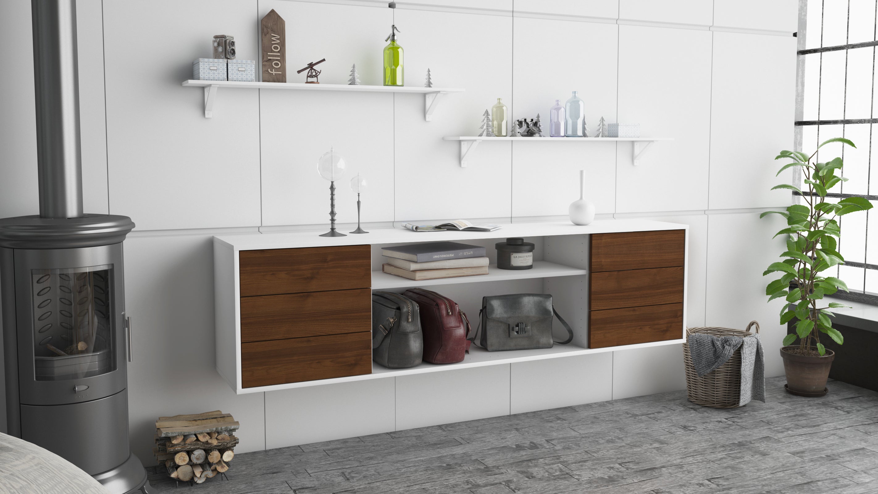 Lowboard - Belinda - Design Holzdekor - Wandmontage mit Push to Open 180 cm Weiss