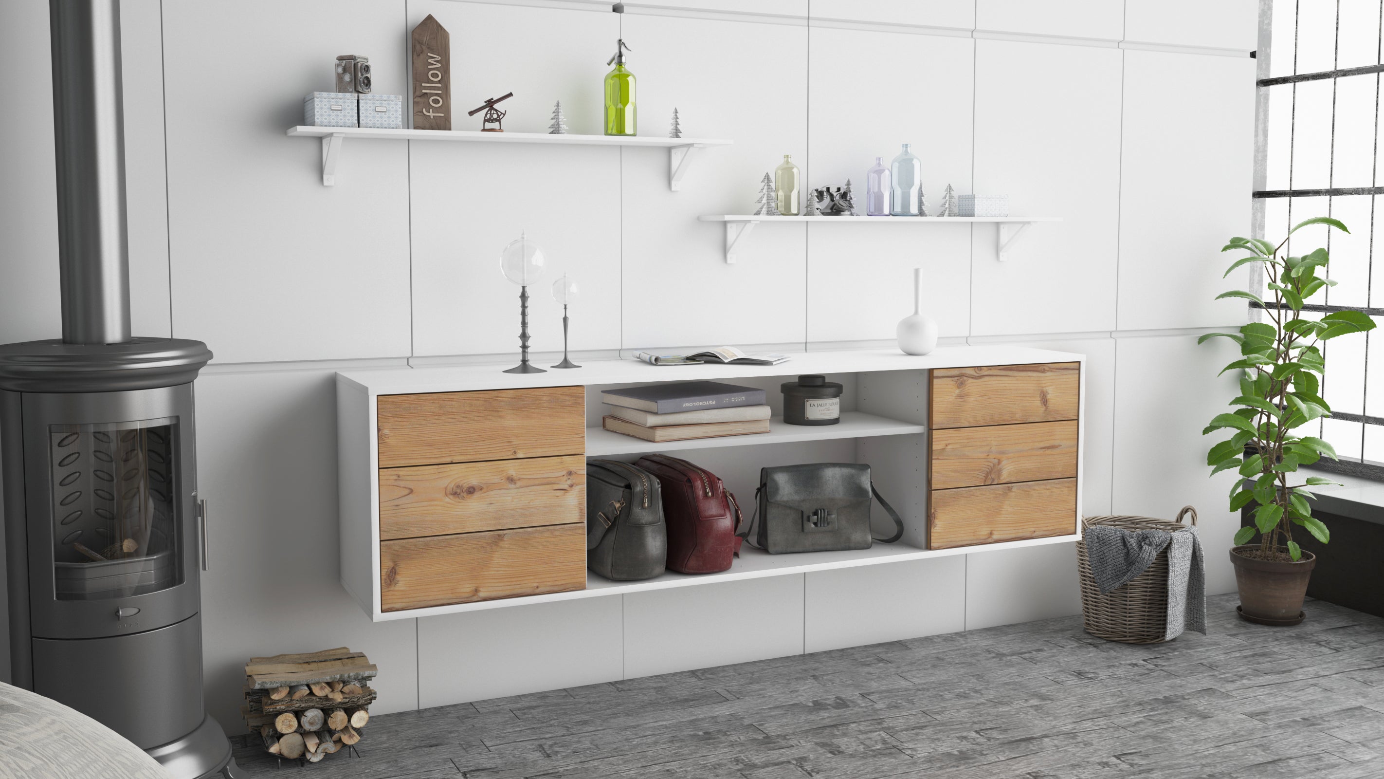 Lowboard - Belinda - Design Holzdekor - Wandmontage mit Push to Open 180 cm Weiss