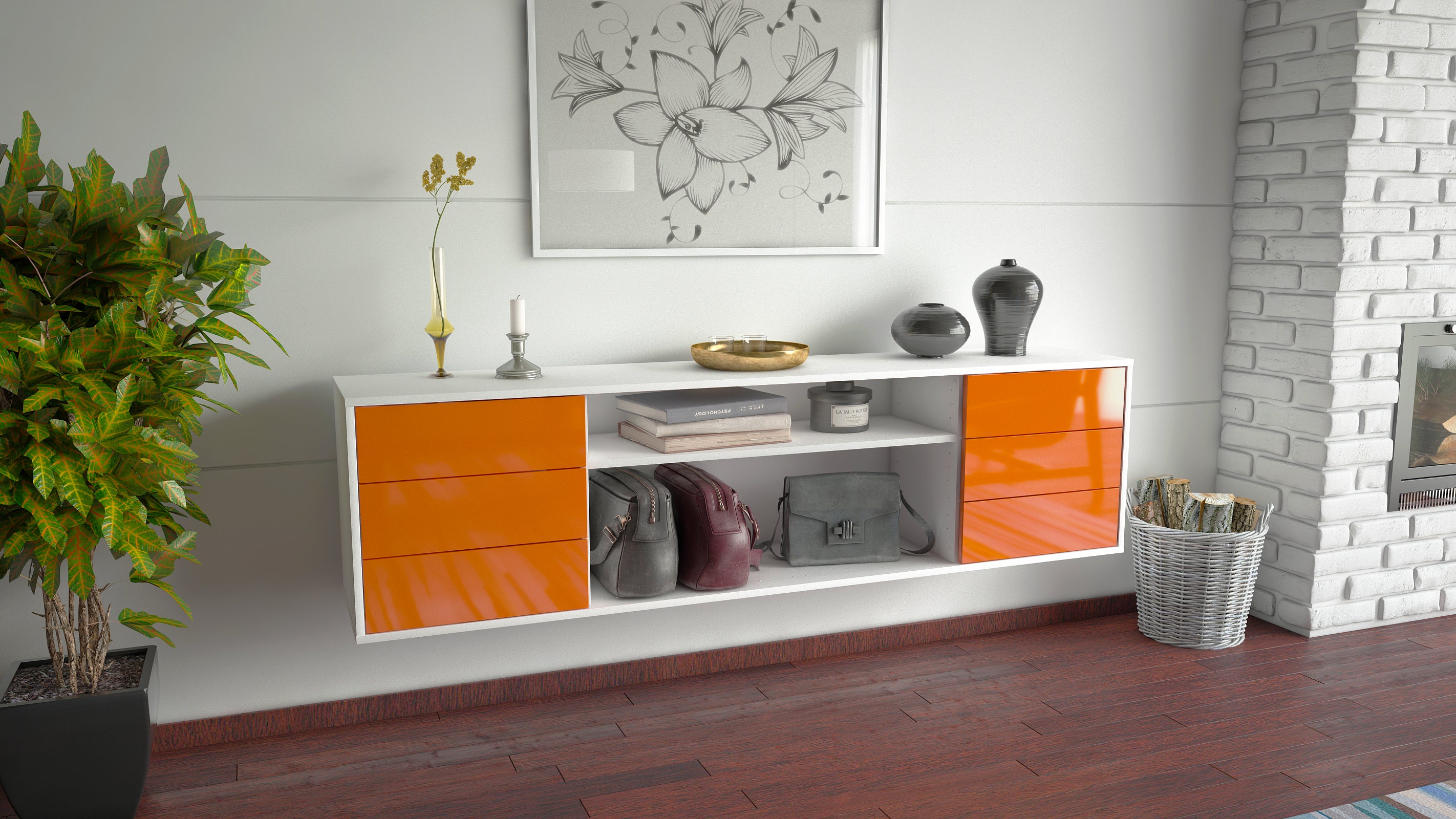 Lowboard - Belinda - Design Hochglanz - Wandmontage mit Push to Open 180 cm Weiss