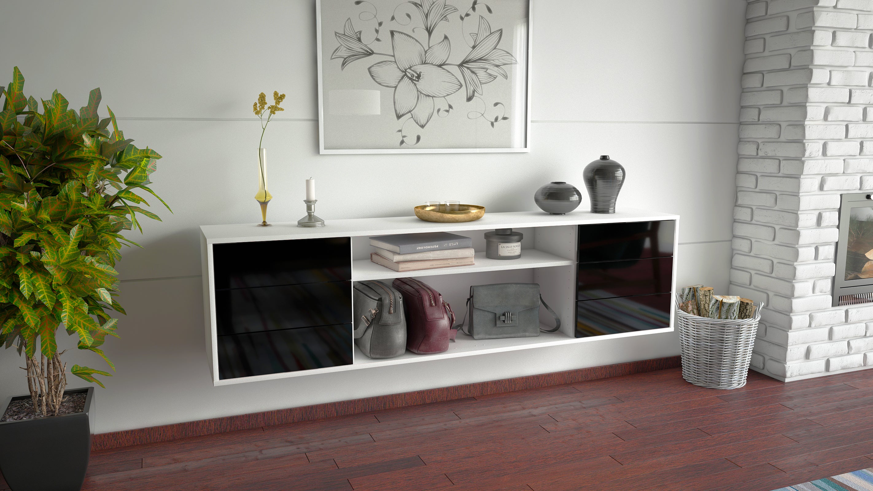 Lowboard - Belinda - Design Hochglanz - Wandmontage mit Push to Open 180 cm Weiss