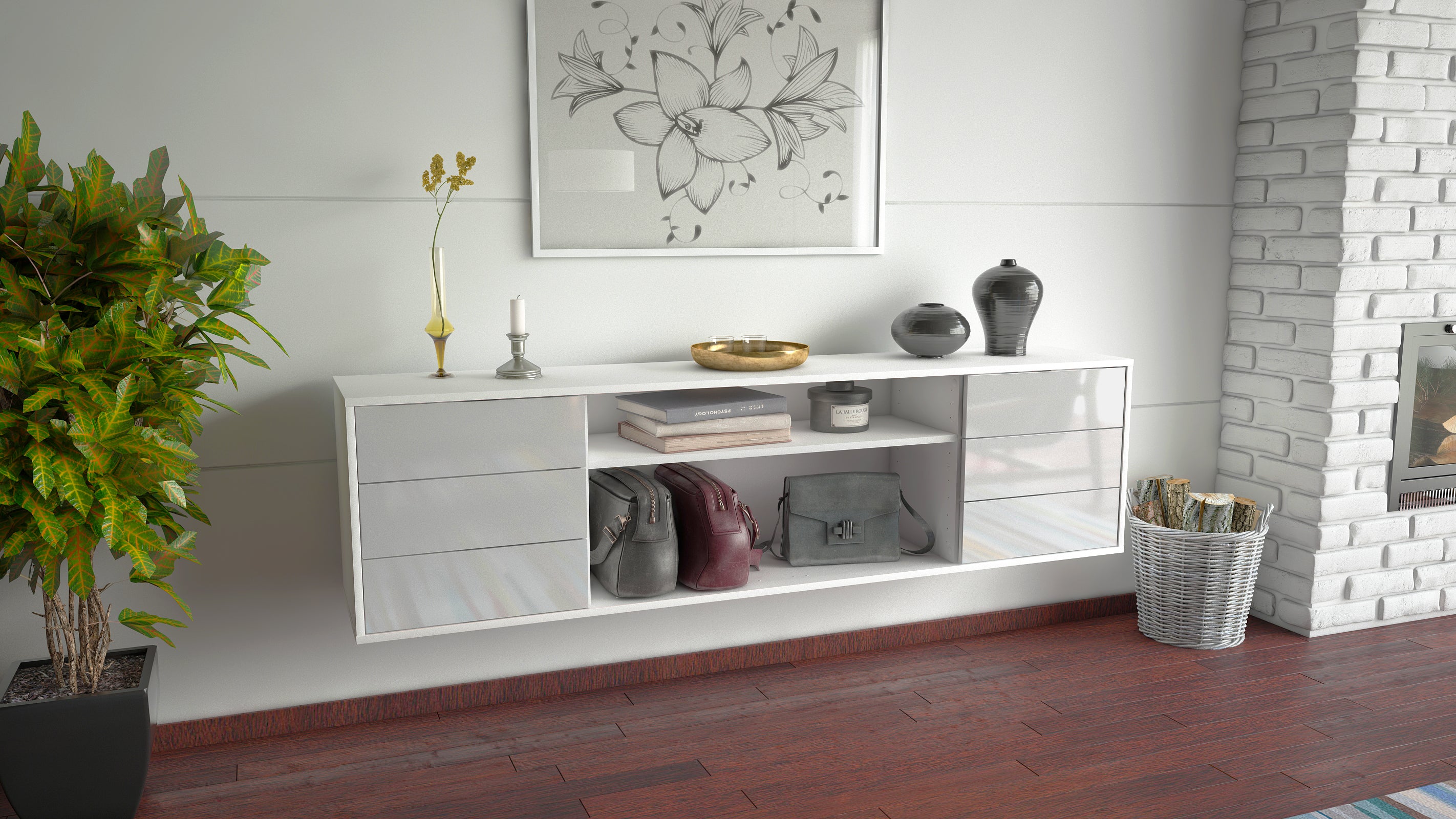 Lowboard - Belinda - Design Hochglanz - Wandmontage mit Push to Open 180 cm Weiss