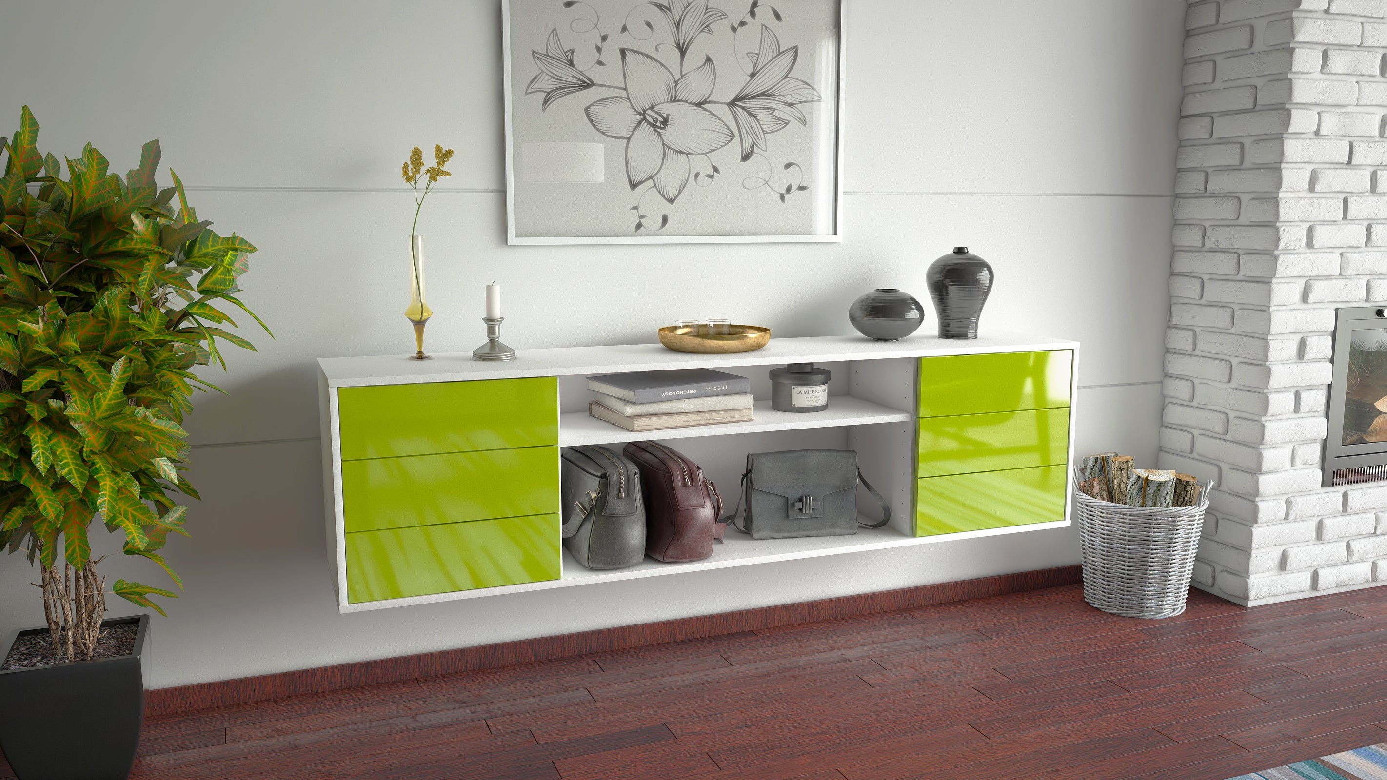 Lowboard - Belinda - Design Hochglanz - Wandmontage mit Push to Open 180 cm Weiss