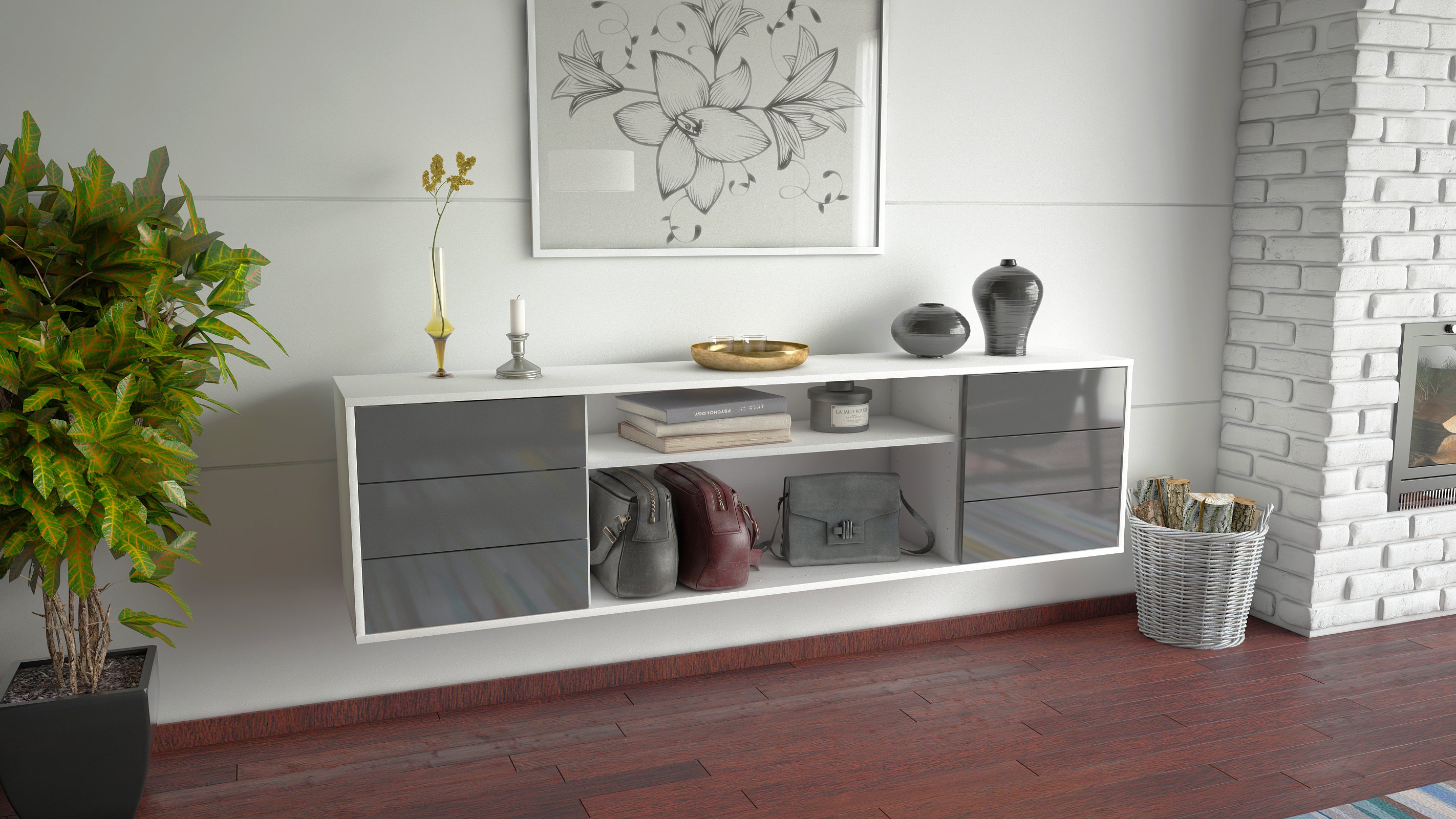 Lowboard - Belinda - Design Hochglanz - Wandmontage mit Push to Open 180 cm Weiss