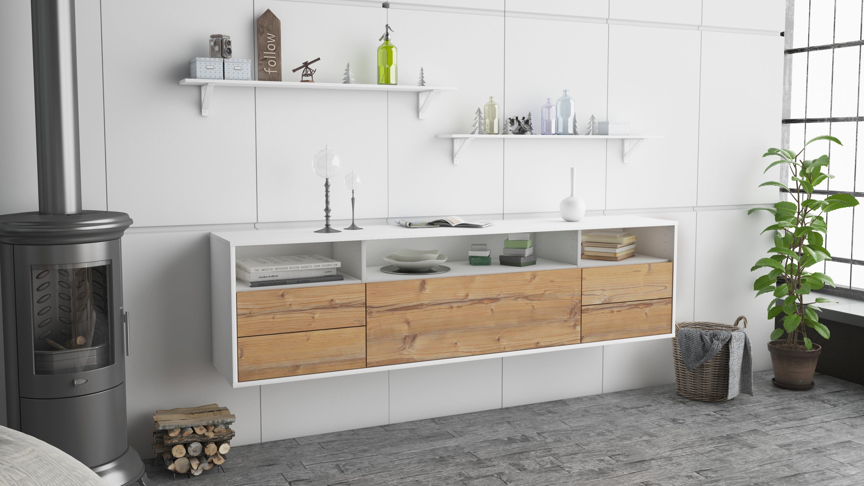 Lowboard - Bella - Design Holzdekor - Wandmontage mit Push to Open 180 cm Weiss