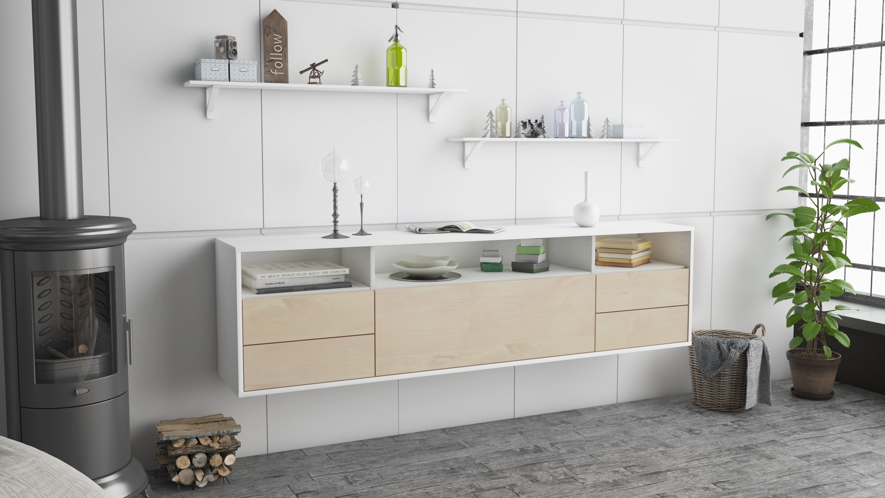 Lowboard - Bella - Design Holzdekor - Wandmontage mit Push to Open 180 cm Weiss