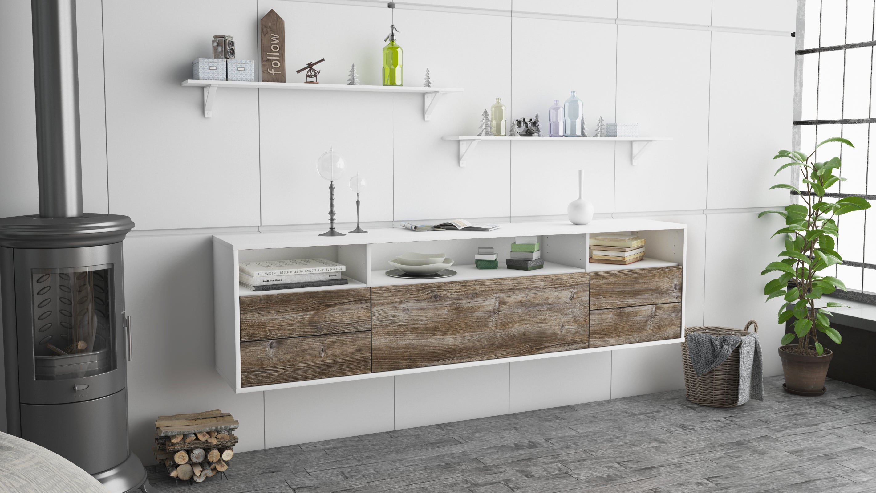Lowboard - Bella - Design Holzdekor - Wandmontage mit Push to Open 180 cm Weiss