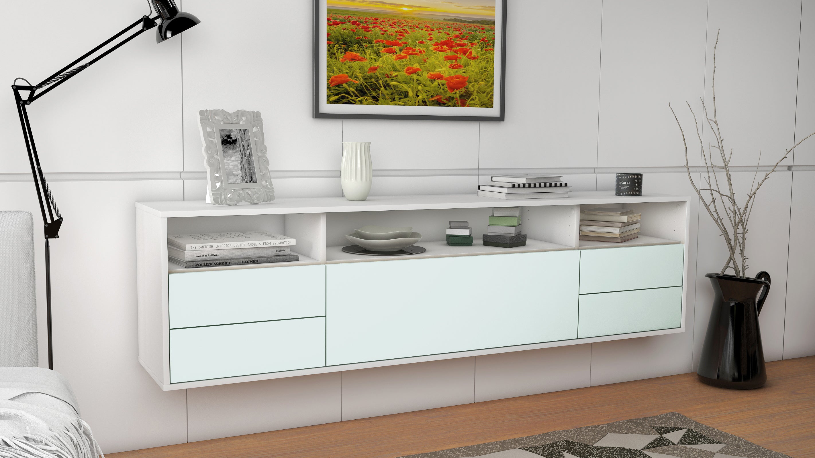 Lowboard - Bella - Design Farbakzent - Wandmontage mit Push to Open 180 cm Weiss