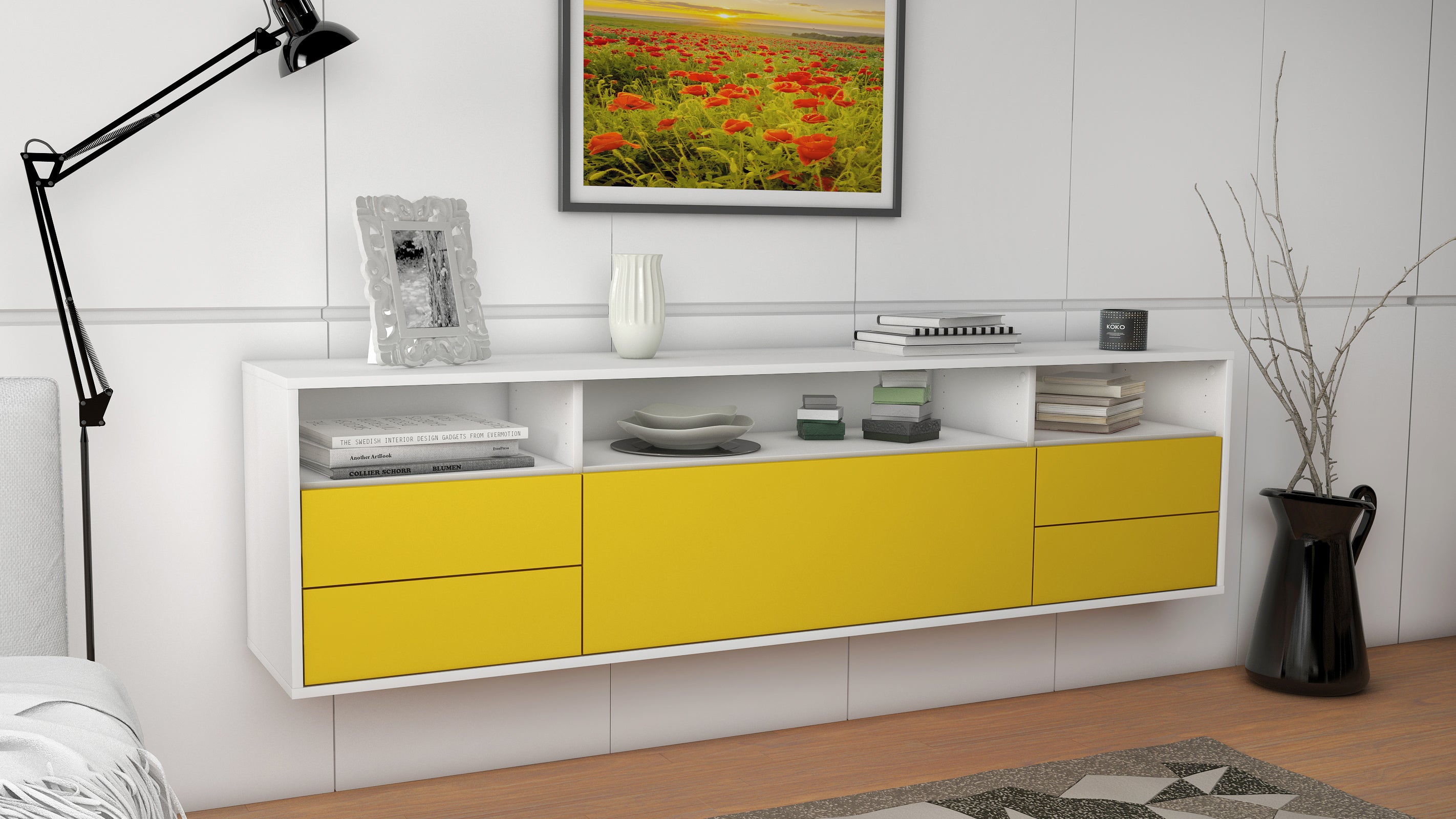 Lowboard - Bella - Design Farbakzent - Wandmontage mit Push to Open 180 cm Weiss