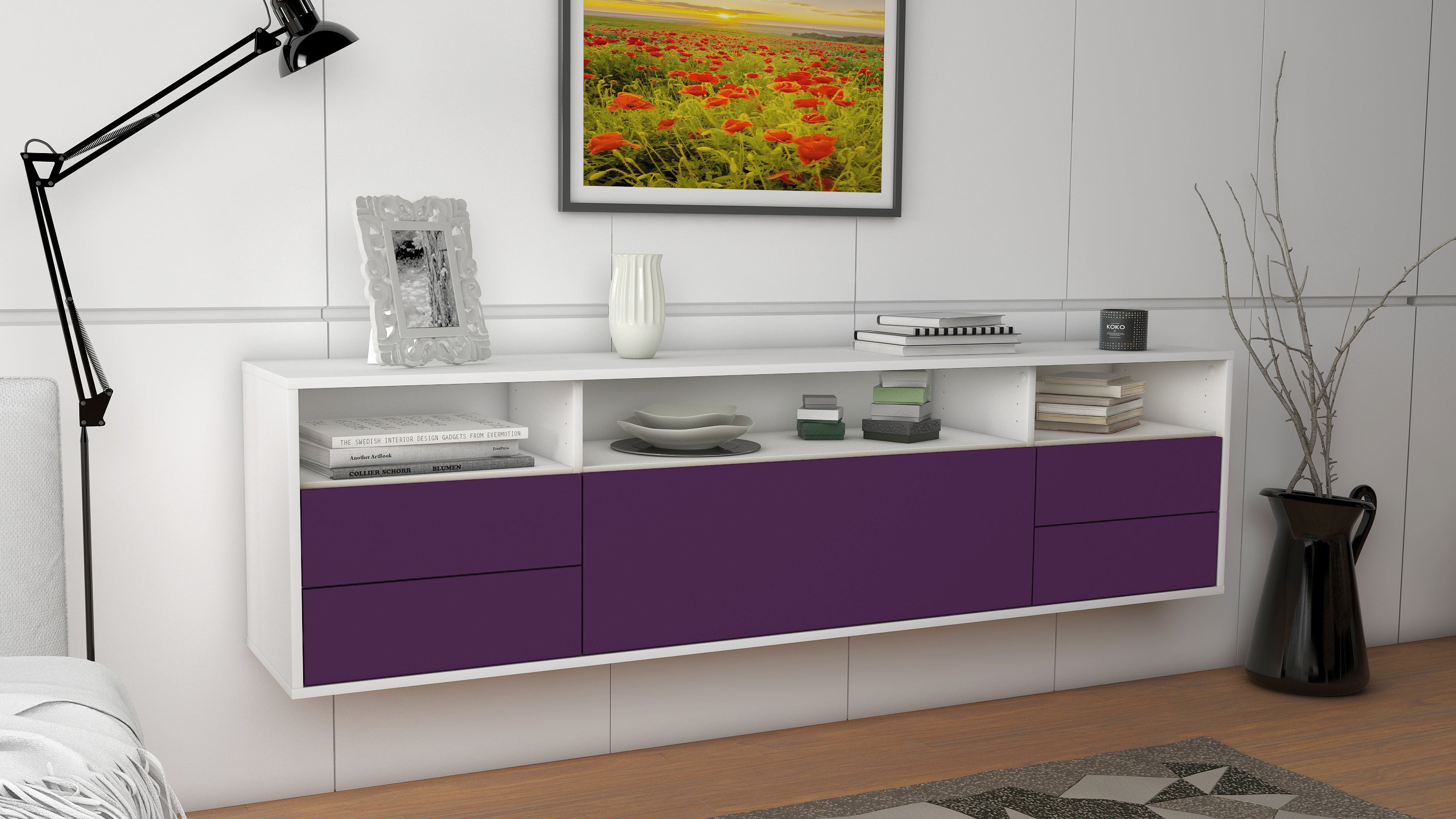 Lowboard - Bella - Design Farbakzent - Wandmontage mit Push to Open 180 cm Weiss