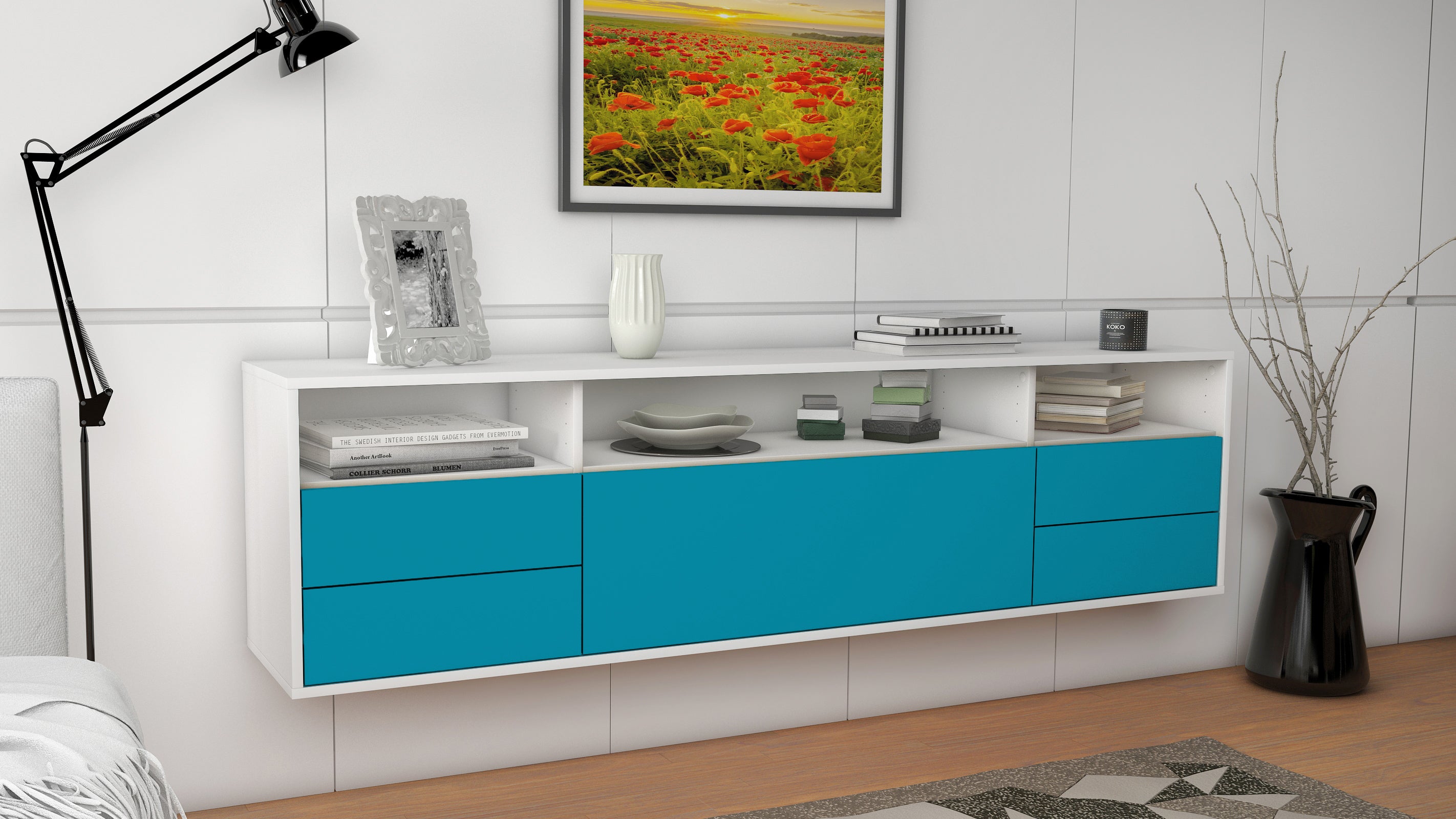 Lowboard - Bella - Design Farbakzent - Wandmontage mit Push to Open 180 cm Weiss