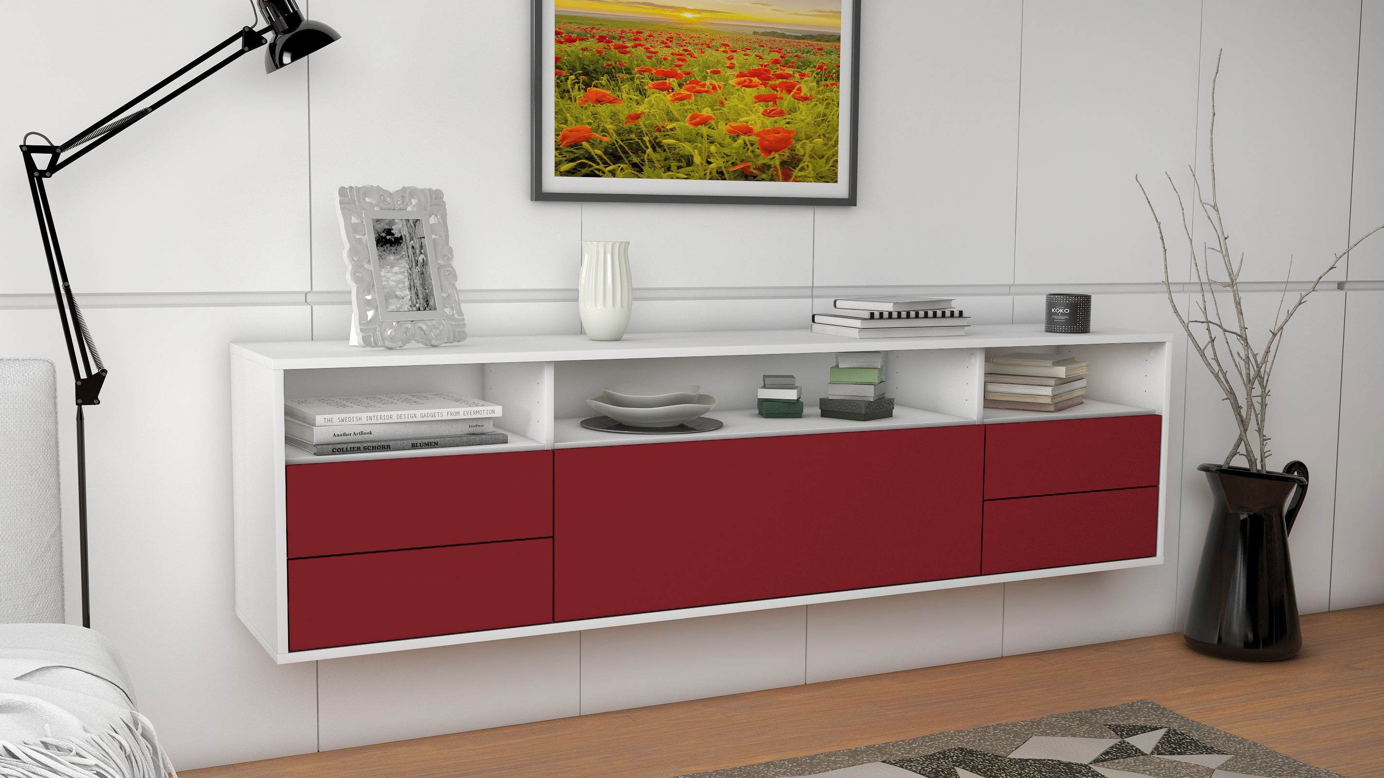 Lowboard - Bella - Design Farbakzent - Wandmontage mit Push to Open 180 cm Weiss