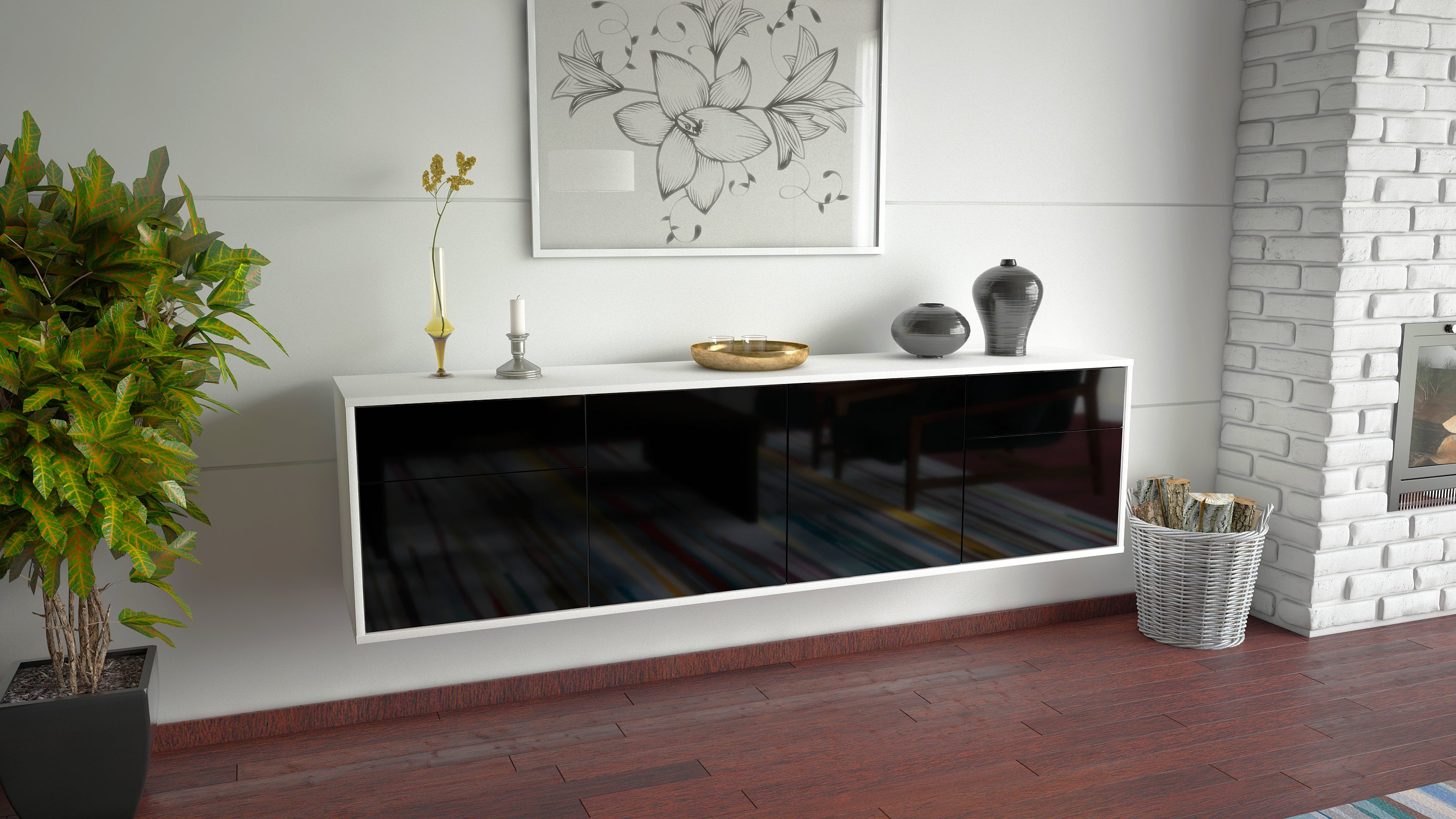 Lowboard - Benedetta - Design Hochglanz - Wandmontage mit Push to Open 180 cm Weiss
