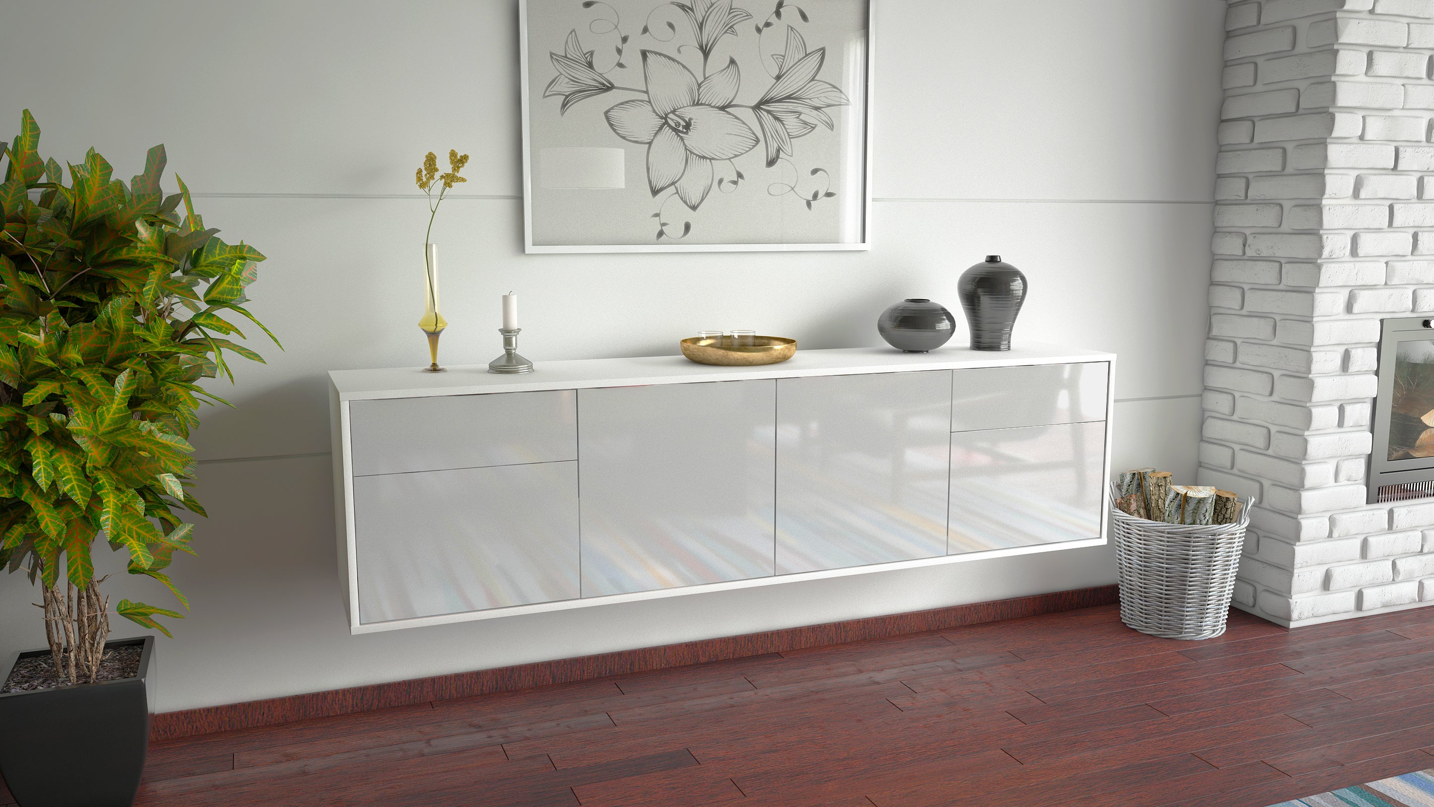 Lowboard - Benedetta - Design Hochglanz - Wandmontage mit Push to Open 180 cm Weiss