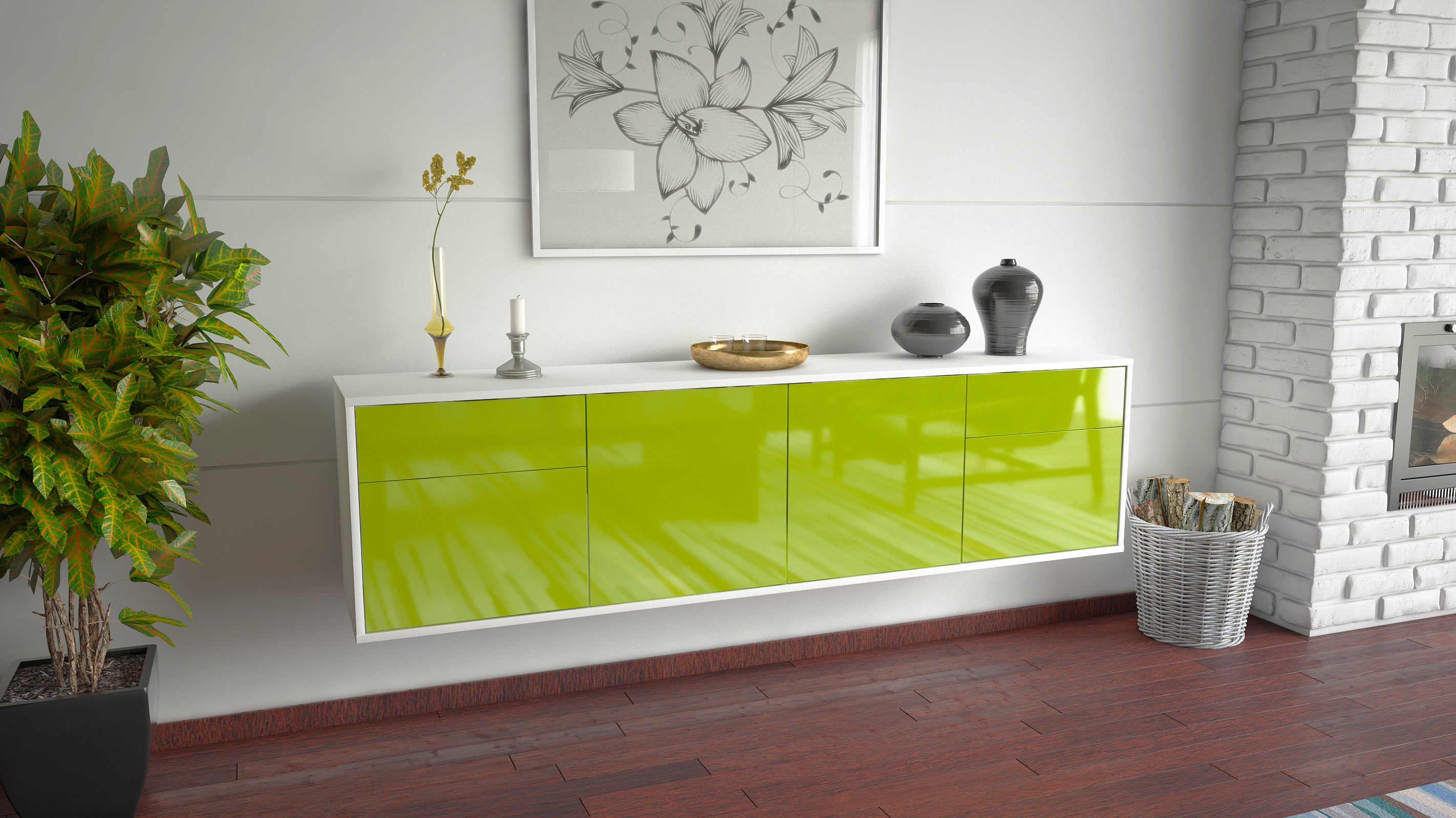 Lowboard - Benedetta - Design Hochglanz - Wandmontage mit Push to Open 180 cm Weiss
