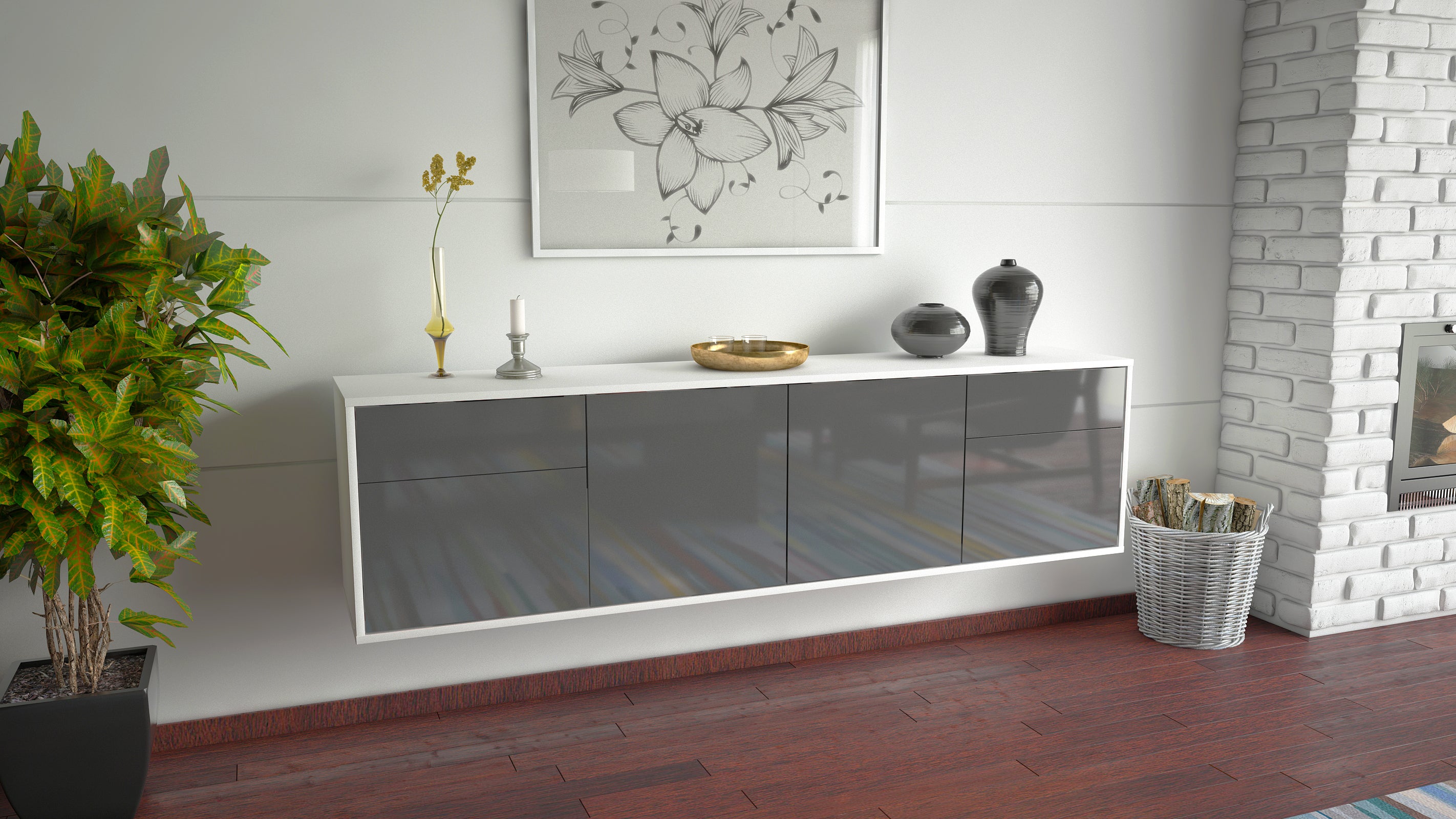 Lowboard - Benedetta - Design Hochglanz - Wandmontage mit Push to Open 180 cm Weiss