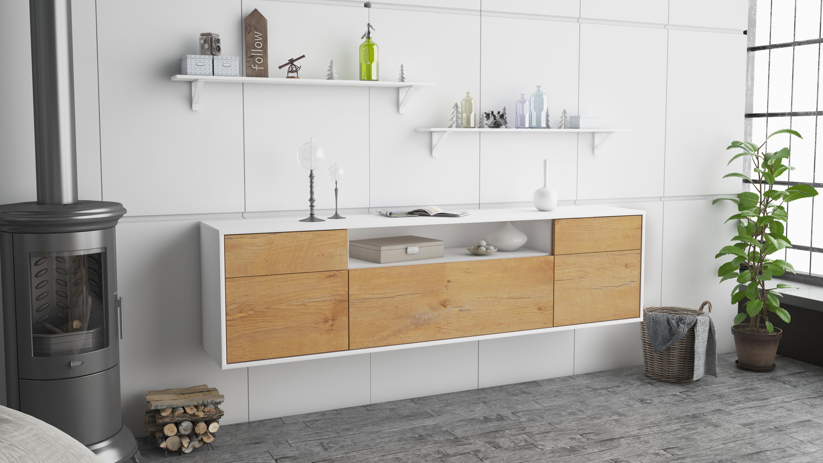 Lowboard - Bernadetta - Design Holzdekor - Wandmontage mit Push to Open 180 cm Weiss