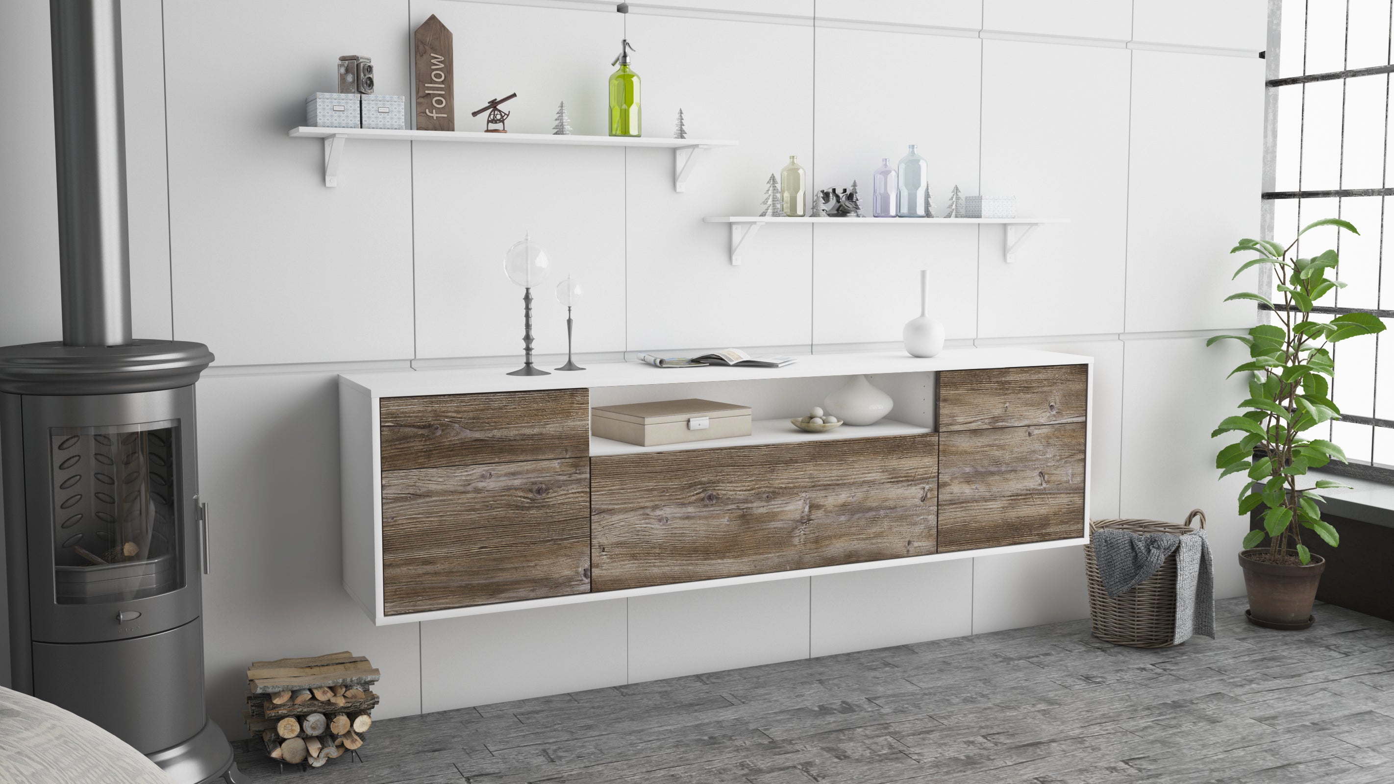 Lowboard - Bernadetta - Design Holzdekor - Wandmontage mit Push to Open 180 cm Weiss