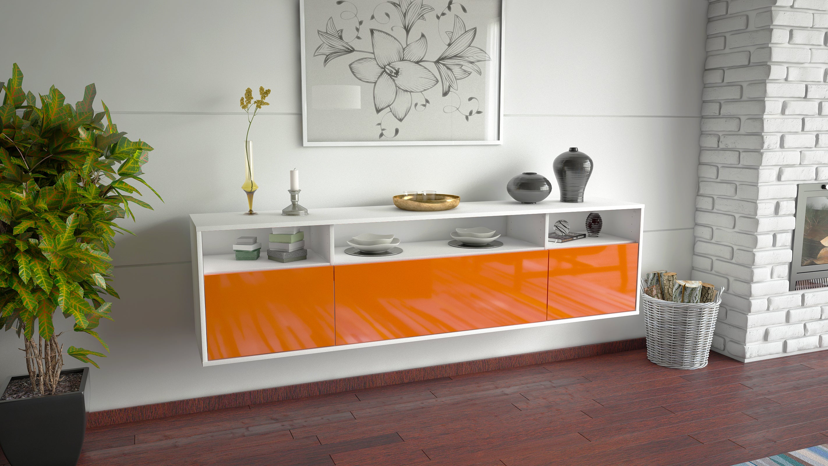 Lowboard - BIANCA - Design Hochglanz - Wandmontage mit Push to Open 180 cm Weiss