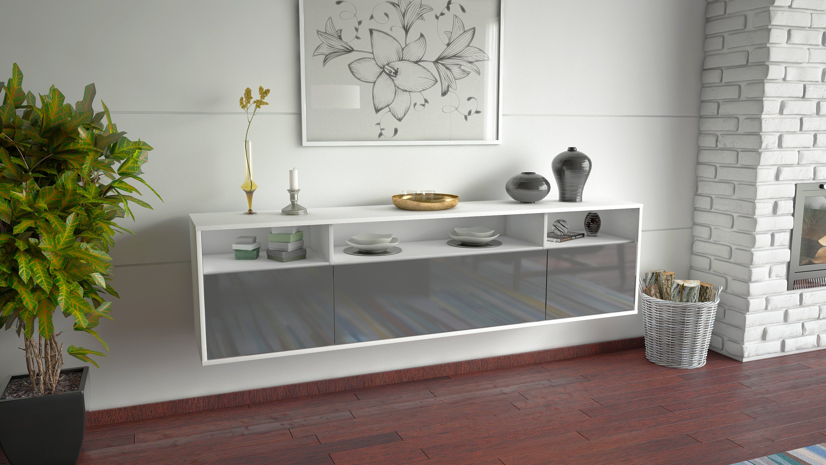 Lowboard - BIANCA - Design Hochglanz - Wandmontage mit Push to Open 180 cm Weiss