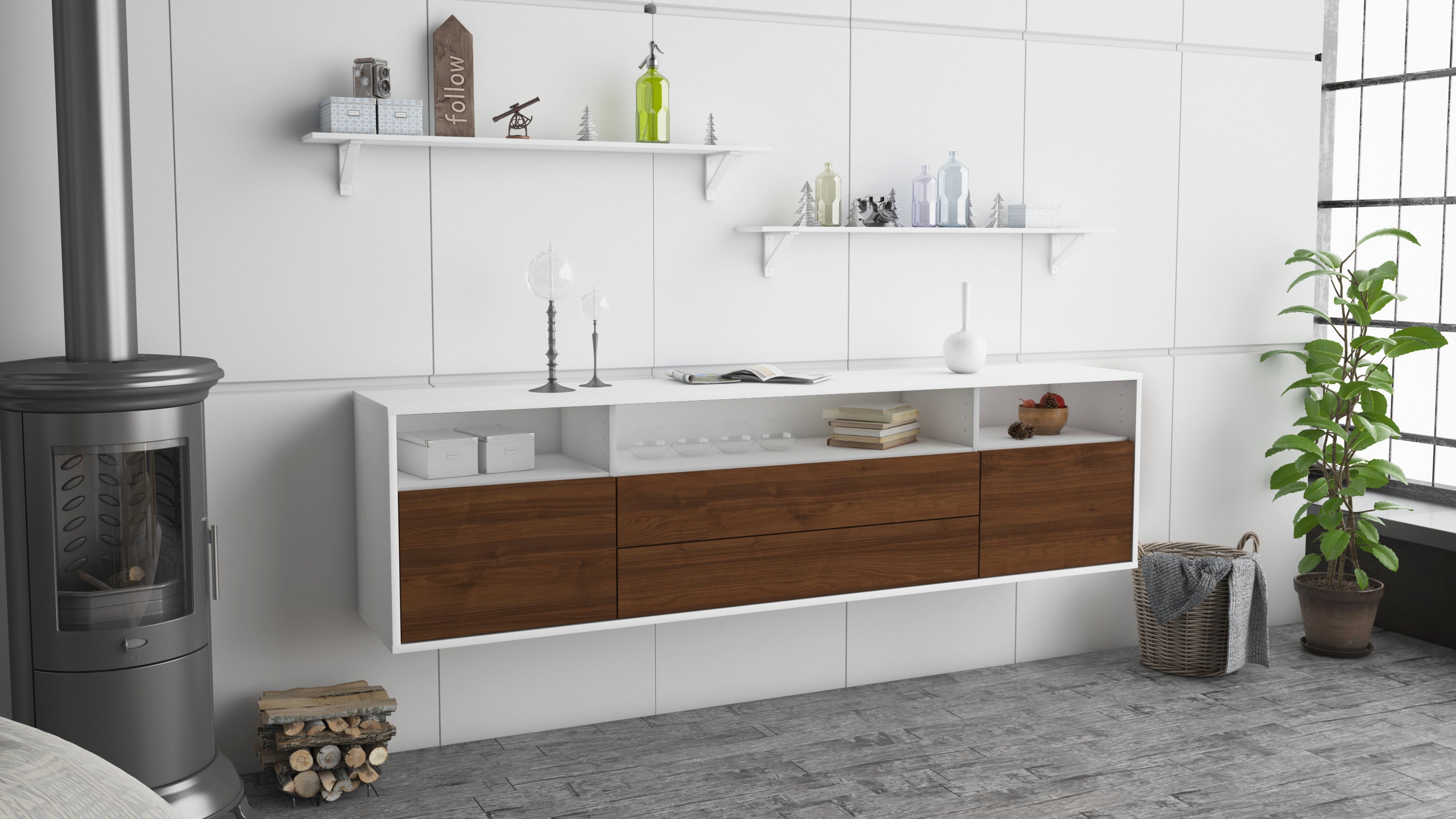Lowboard - Biancaneve - Design Holzdekor - Wandmontage mit Push to Open 180 cm Weiss