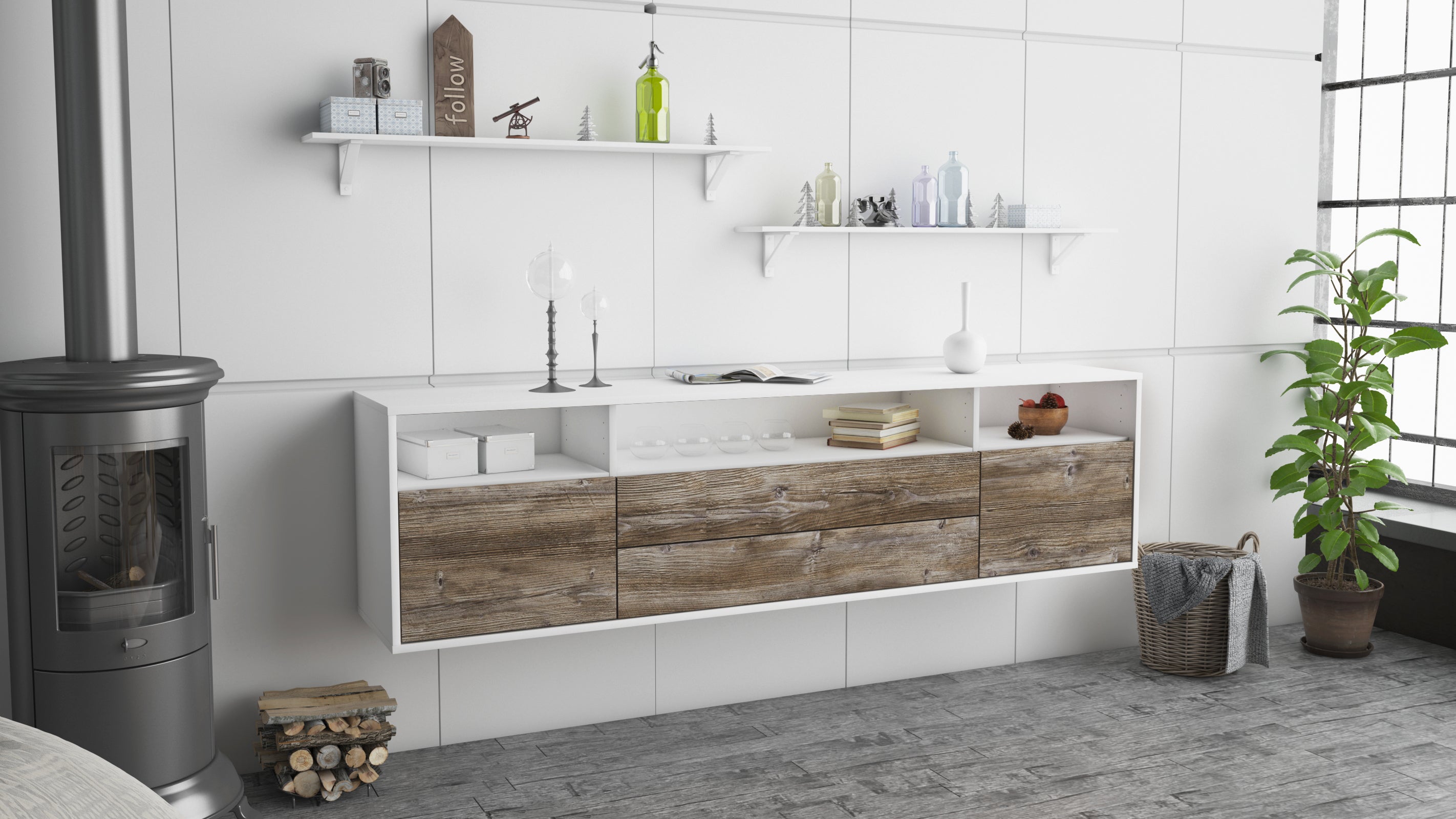 Lowboard - Biancaneve - Design Holzdekor - Wandmontage mit Push to Open 180 cm Weiss