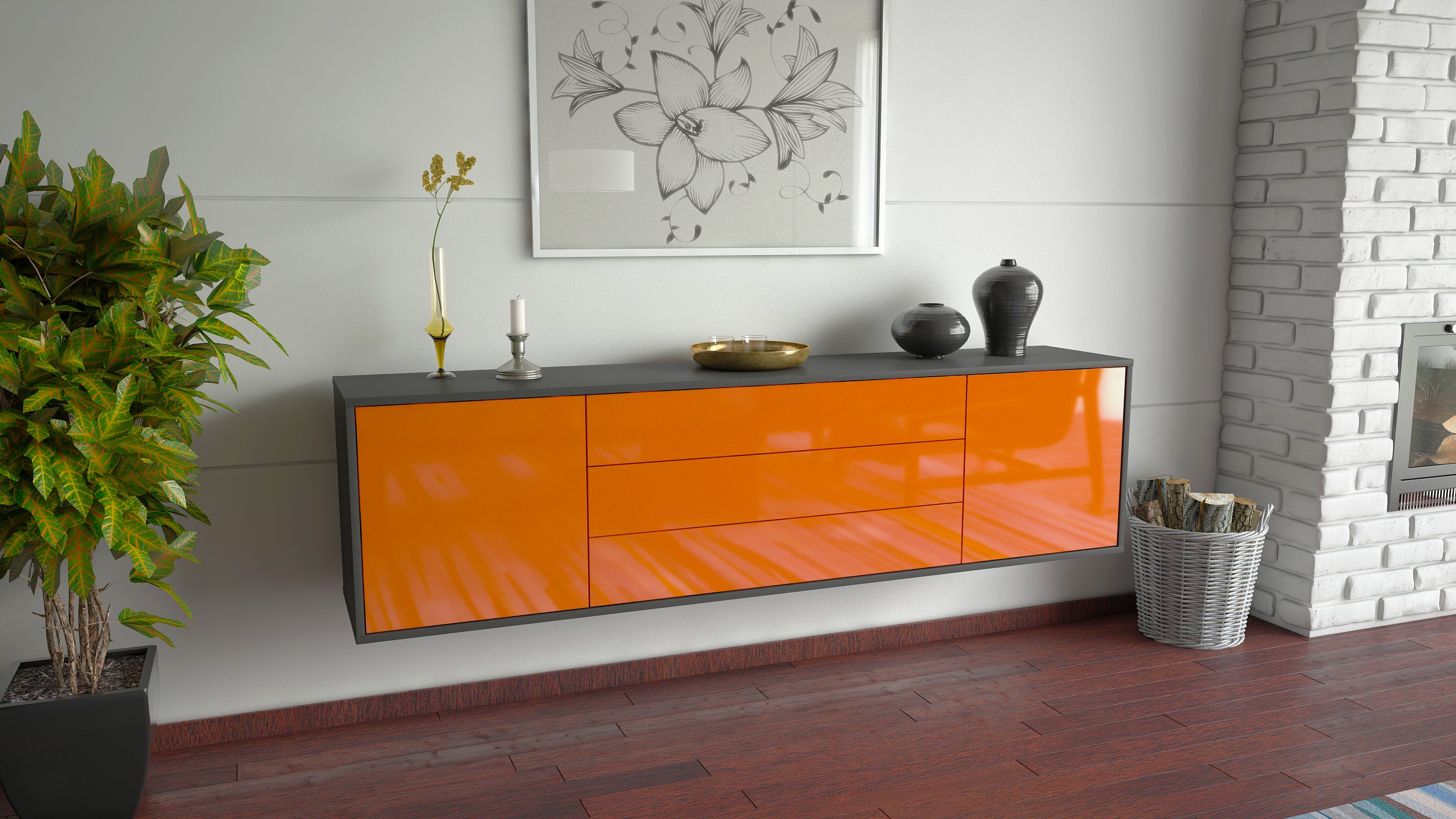Lowboard - Ariella - Design Hochglanz - Wandmontage mit Push to Open 180 cm Anthrazit