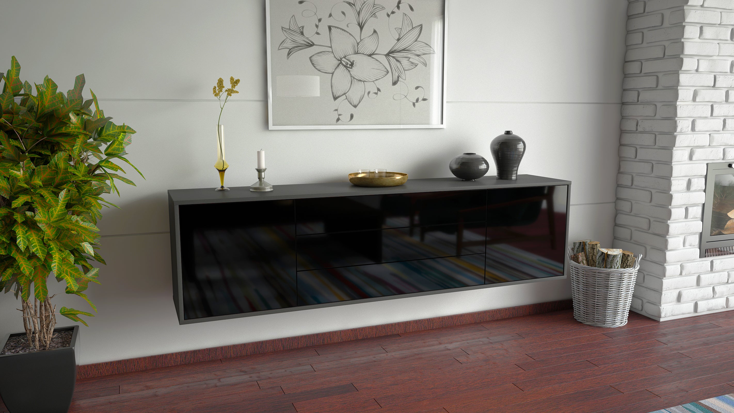 Lowboard - Ariella - Design Hochglanz - Wandmontage mit Push to Open 180 cm Anthrazit