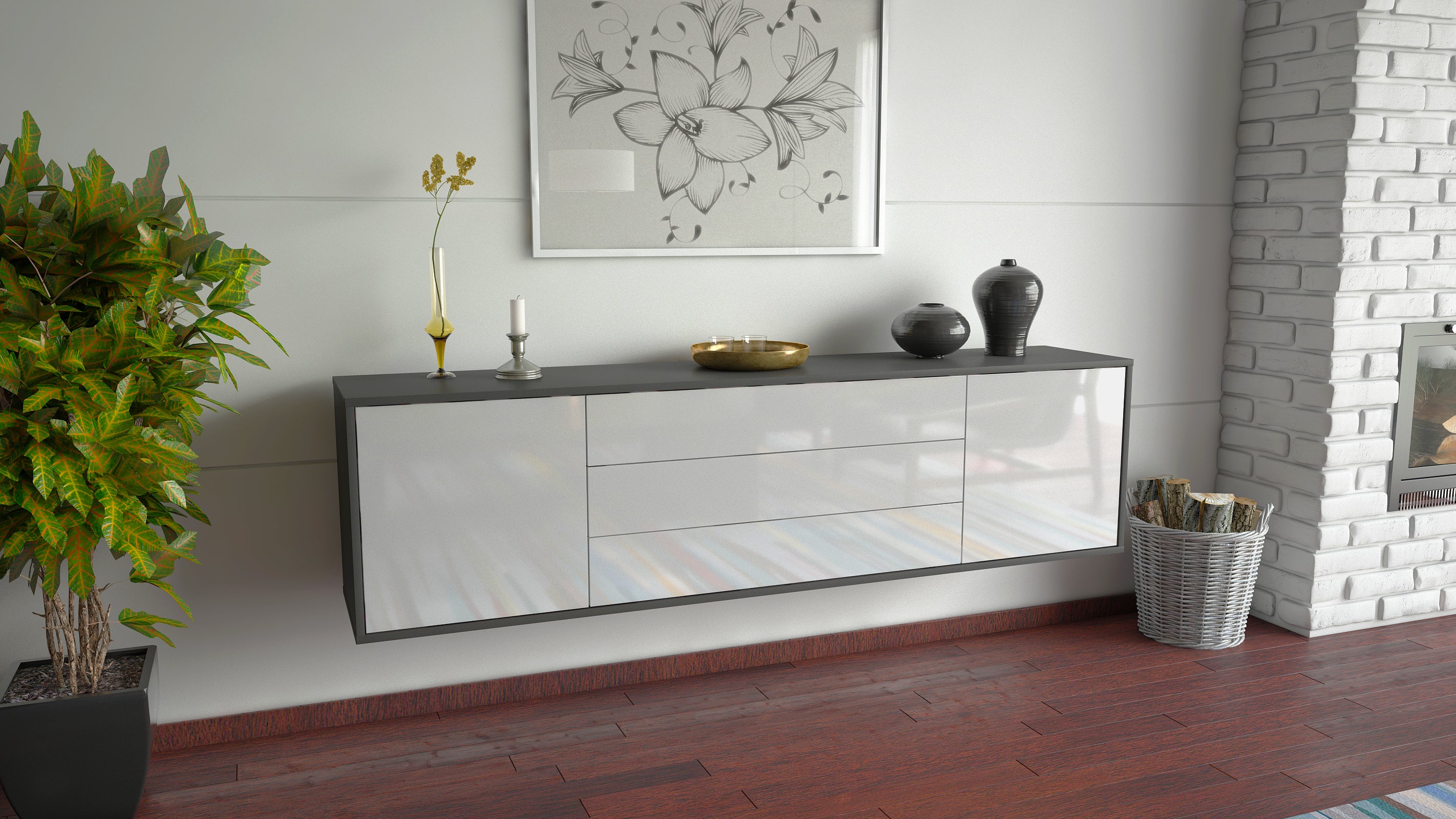 Lowboard - Ariella - Design Hochglanz - Wandmontage mit Push to Open 180 cm Anthrazit